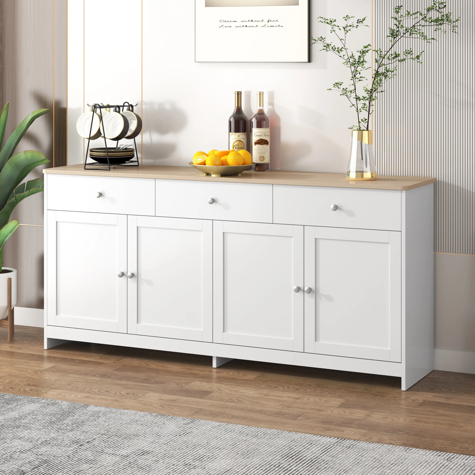 Sideboard with white wood carving, four doors, with three drawers, living room, dining room. Wood color and white