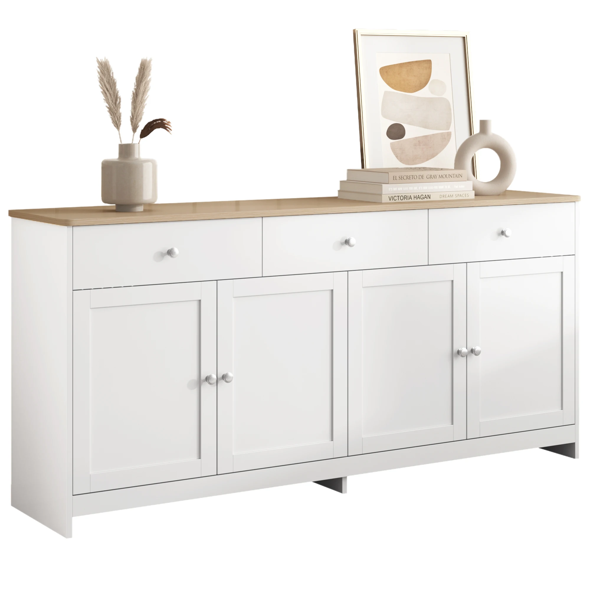 Sideboard with white wood carving, four doors, with three drawers, living room, dining room. Wood color and white