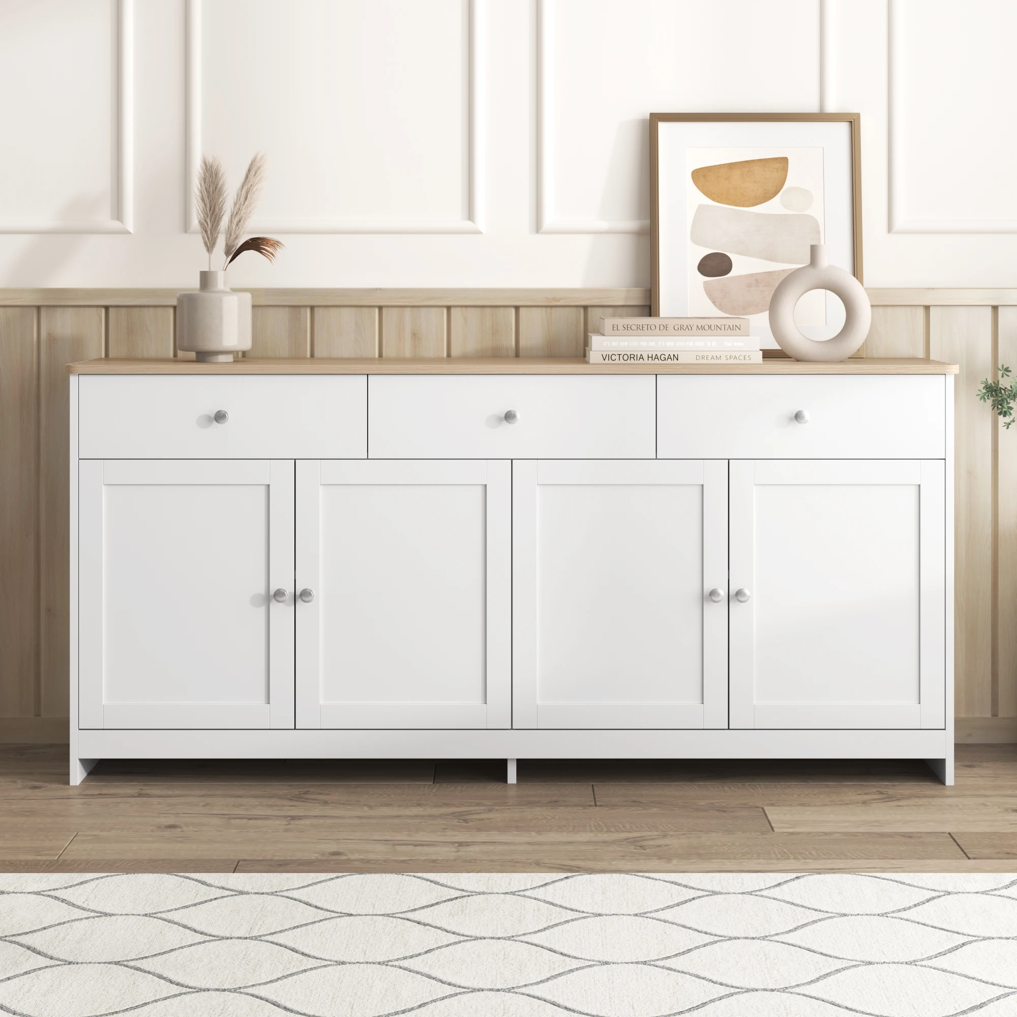 Sideboard with white wood carving, four doors, with three drawers, living room, dining room. Wood color and white