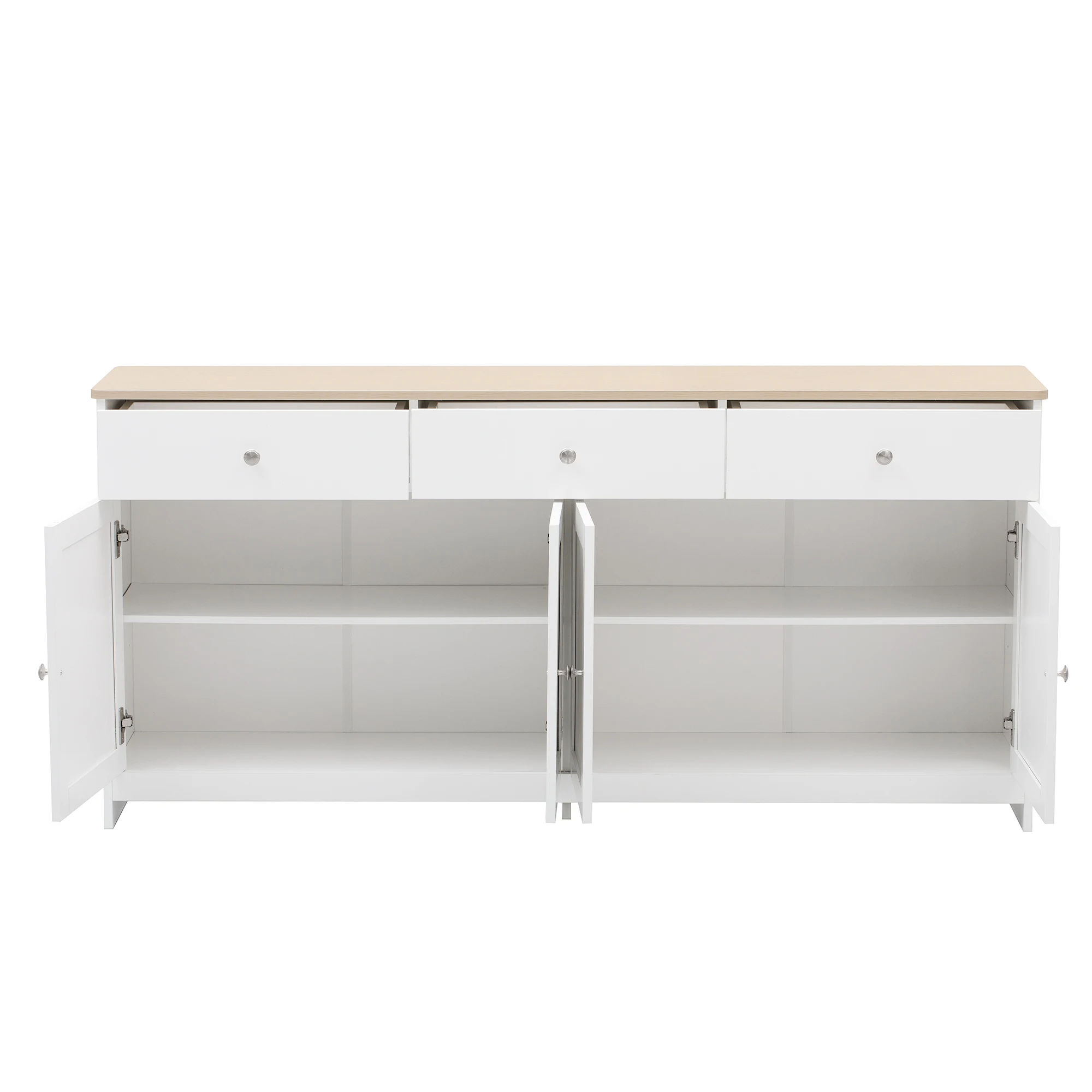Sideboard with white wood carving, four doors, with three drawers, living room, dining room. Wood color and white
