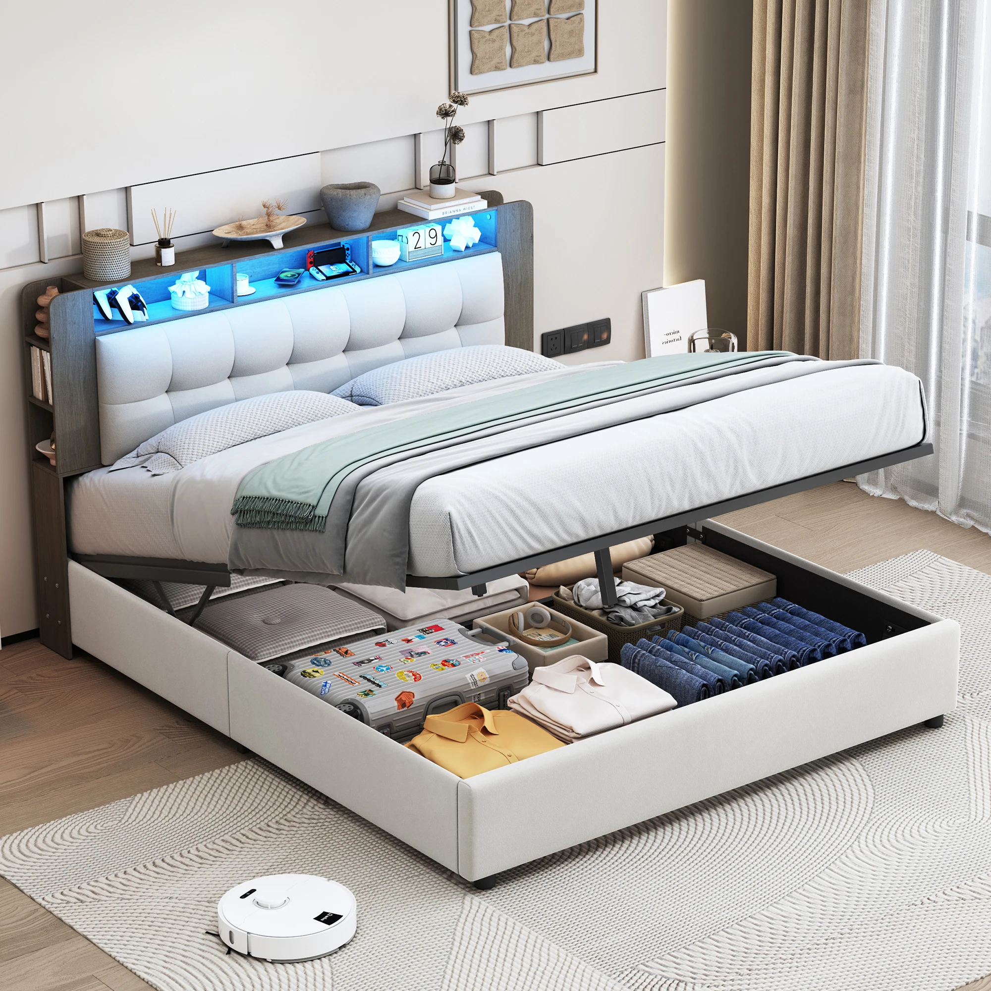 Creahappy Soft-Padded Bed with Storage Space, Double Bed with Headboard Featuring a Wireless Charger and Storage Shelf