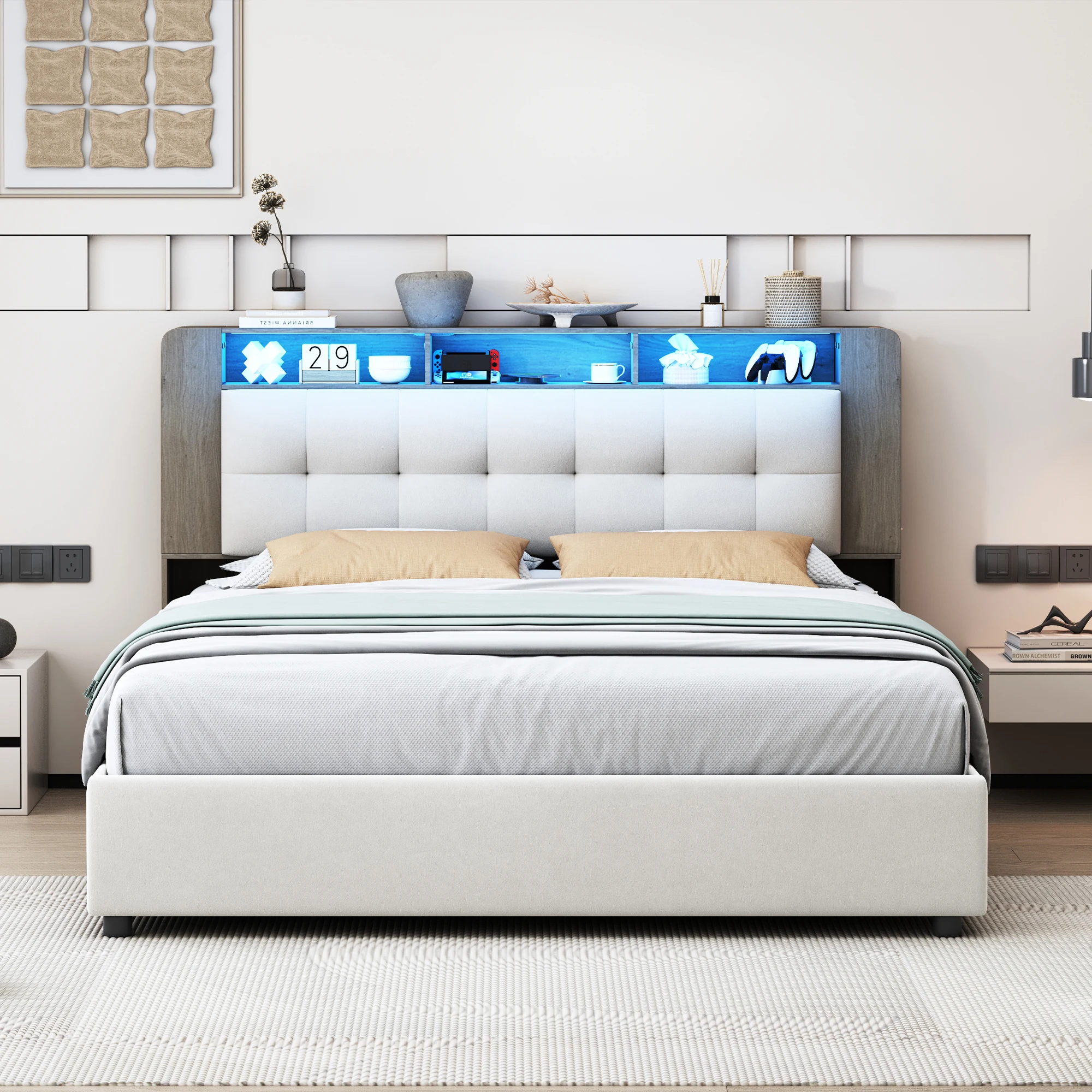 Creahappy Soft-Padded Bed with Storage Space, Double Bed with Headboard Featuring a Wireless Charger and Storage Shelf