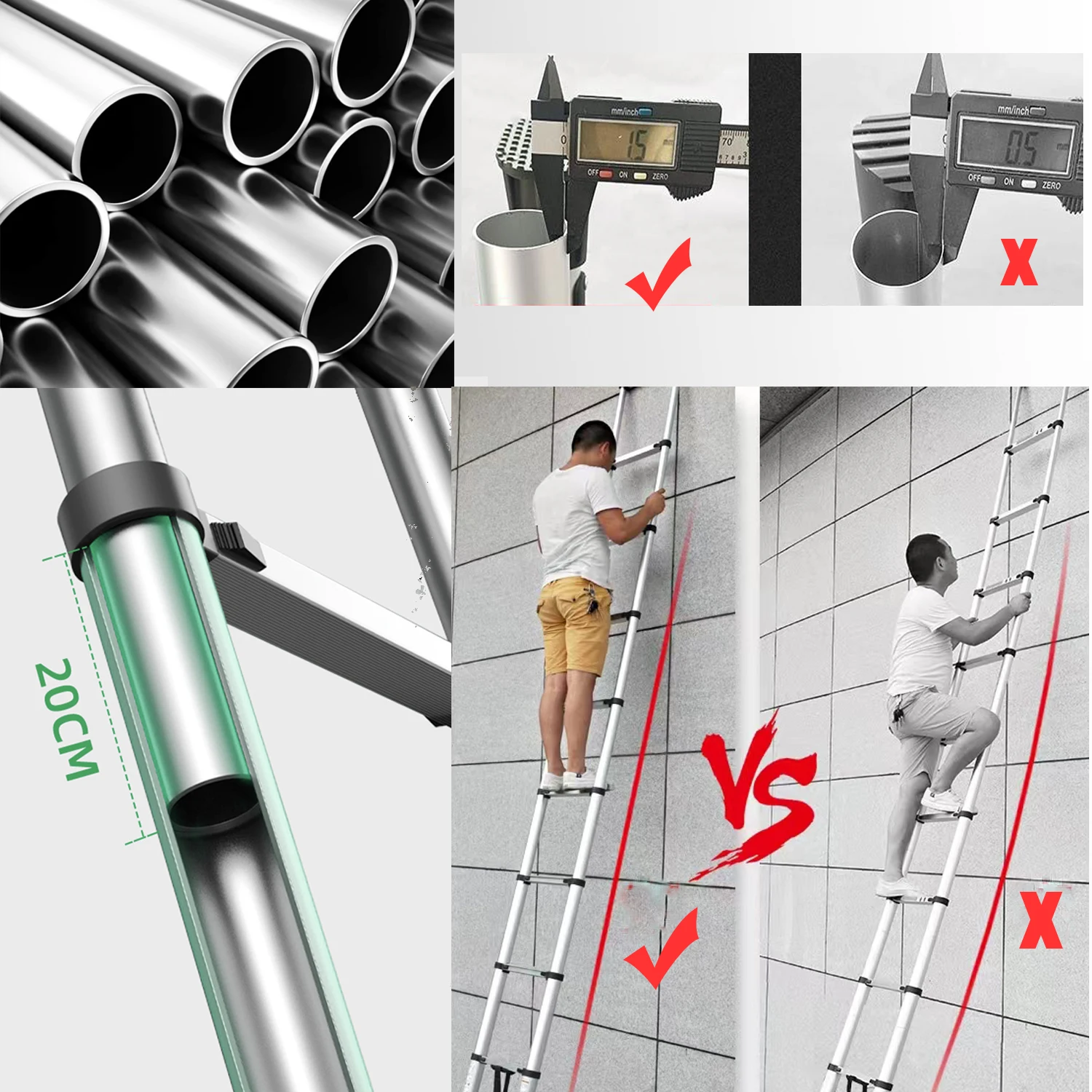Telescopic Ladder Aluminium Folding Ladder Extension Portable Lightweight with EN131 Certified Max Loading 150kg 3.9m/5.1m/6.3m