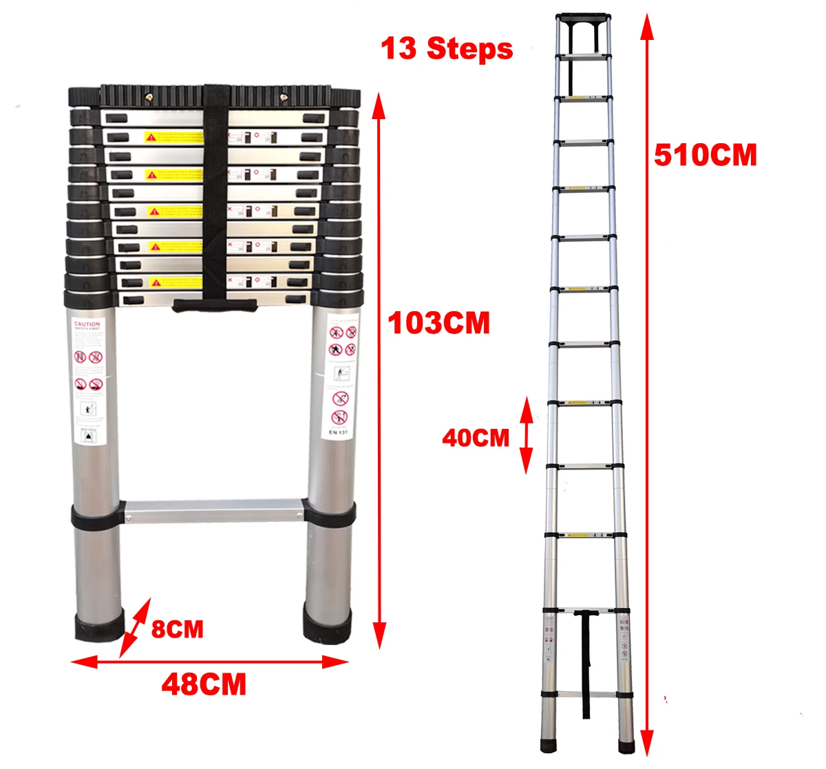 Telescopic Ladder Aluminium Folding Ladder Extension Portable Lightweight with EN131 Certified Max Loading 150kg 3.9m/5.1m/6.3m