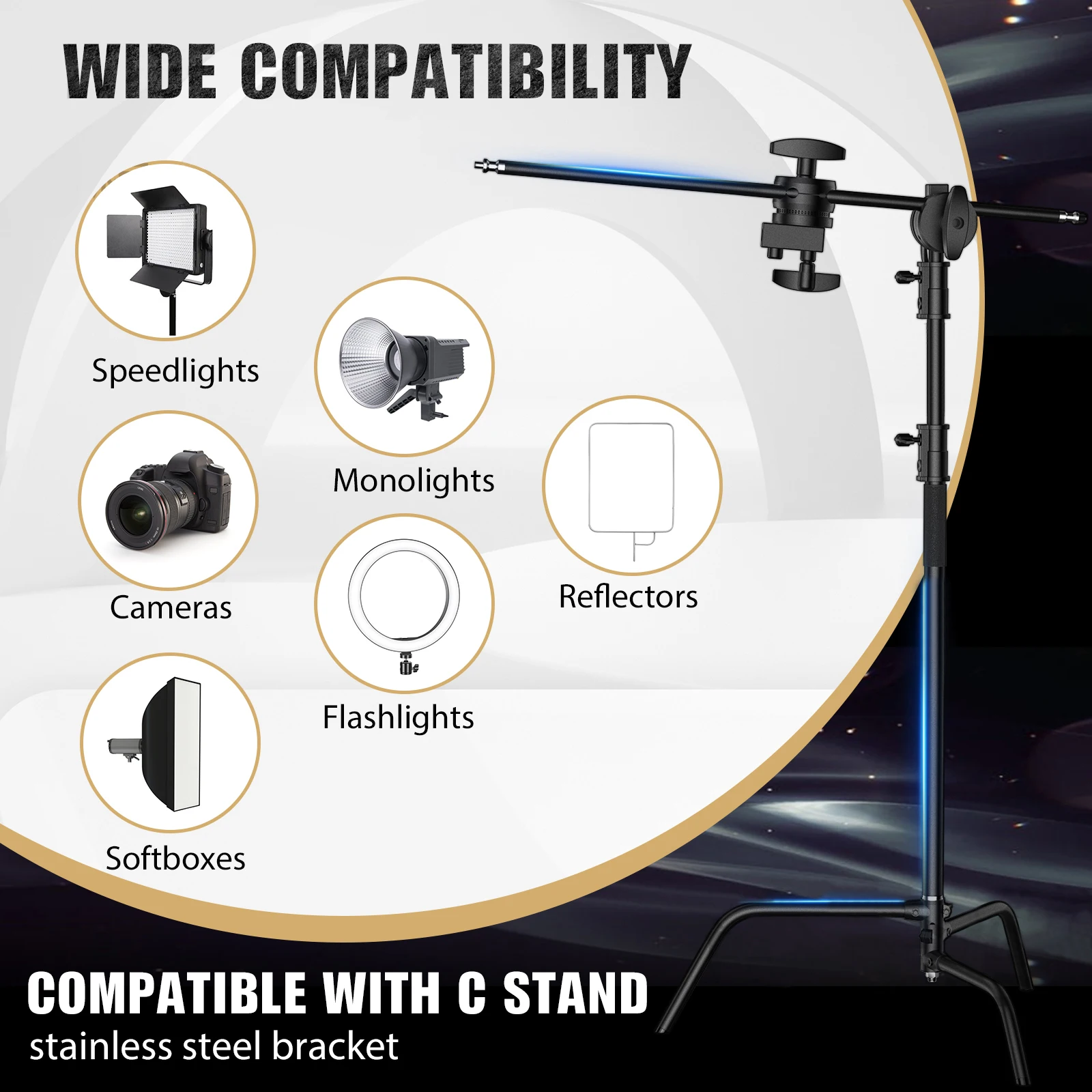 SH 2.6M Black Stainless Steel Century Foldable Light Stand Tripod Cantilever Photography C-Stand For Spot Light Softbox