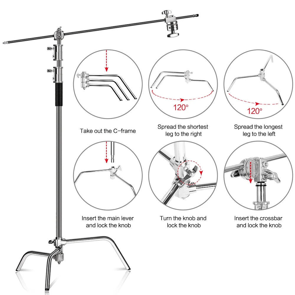 SH 2.6M Black Stainless Steel Century Foldable Light Stand Tripod Cantilever Photography C-Stand For Spot Light Softbox