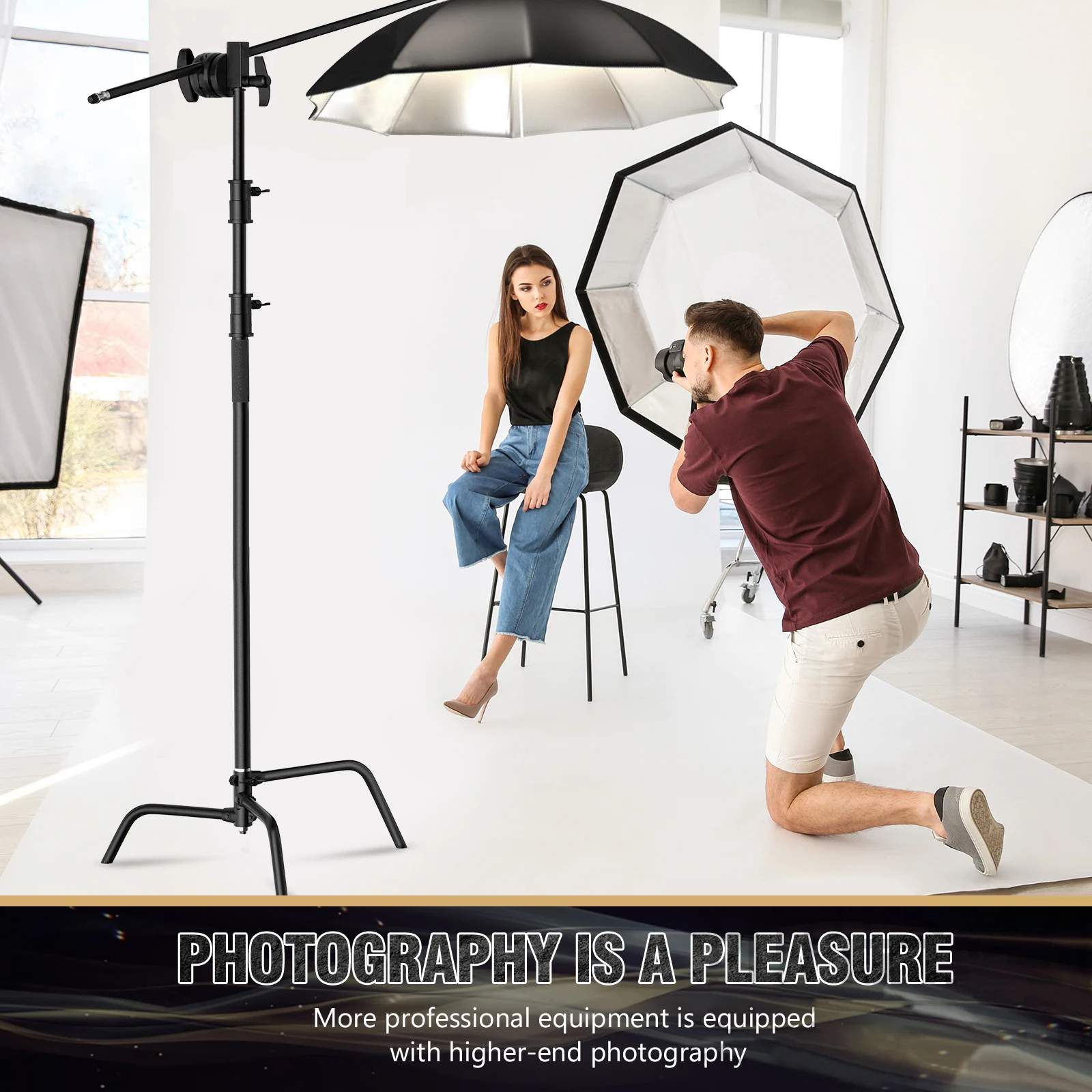 SH 2.6M Black Stainless Steel Century Foldable Light Stand Tripod Cantilever Photography C-Stand For Spot Light Softbox