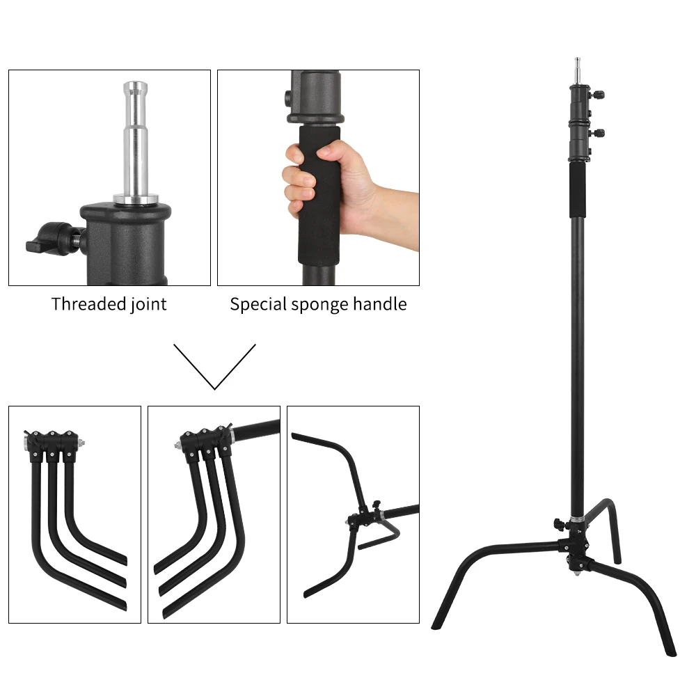 SH 2.6M Black Stainless Steel Century Foldable Light Stand Tripod Cantilever Photography C-Stand For Spot Light Softbox