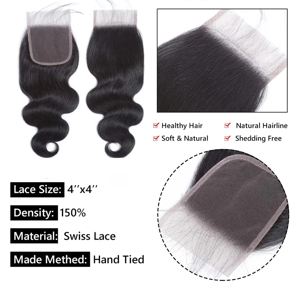 Body Wave Lace Closure With Hair Bundles 100% Human Bundle With 4X4 5X5 Transparent Lace Closure Remy Hair Weave Extensions