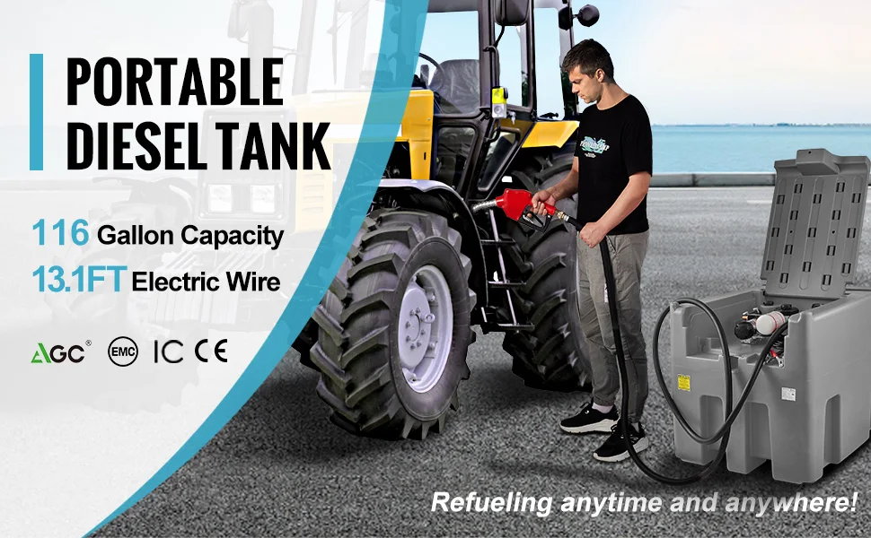 SucceBuy Portable Diesel Tank 58/116Gal & 10 GPM Flow Rate Diesel Fuel Tank with 12V Electric Transfer Pump and 13ft Hose