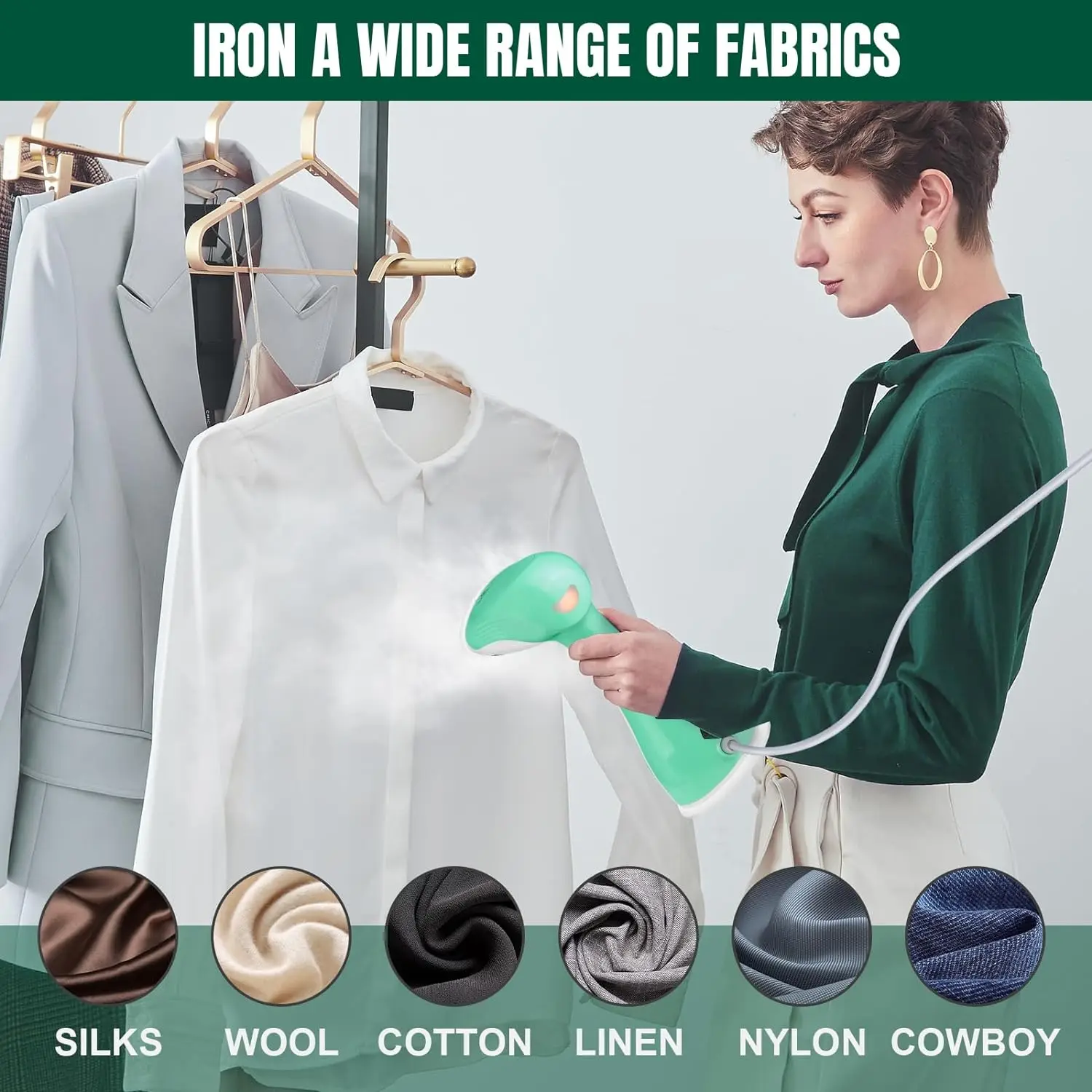 WEIRONG-1500W Clothes Steamer Handheld,Portable Garment Iron+ 300ml Tank,Vertical+Horizontal,Fast Heat-Up,Fast Wrinkle Removal
