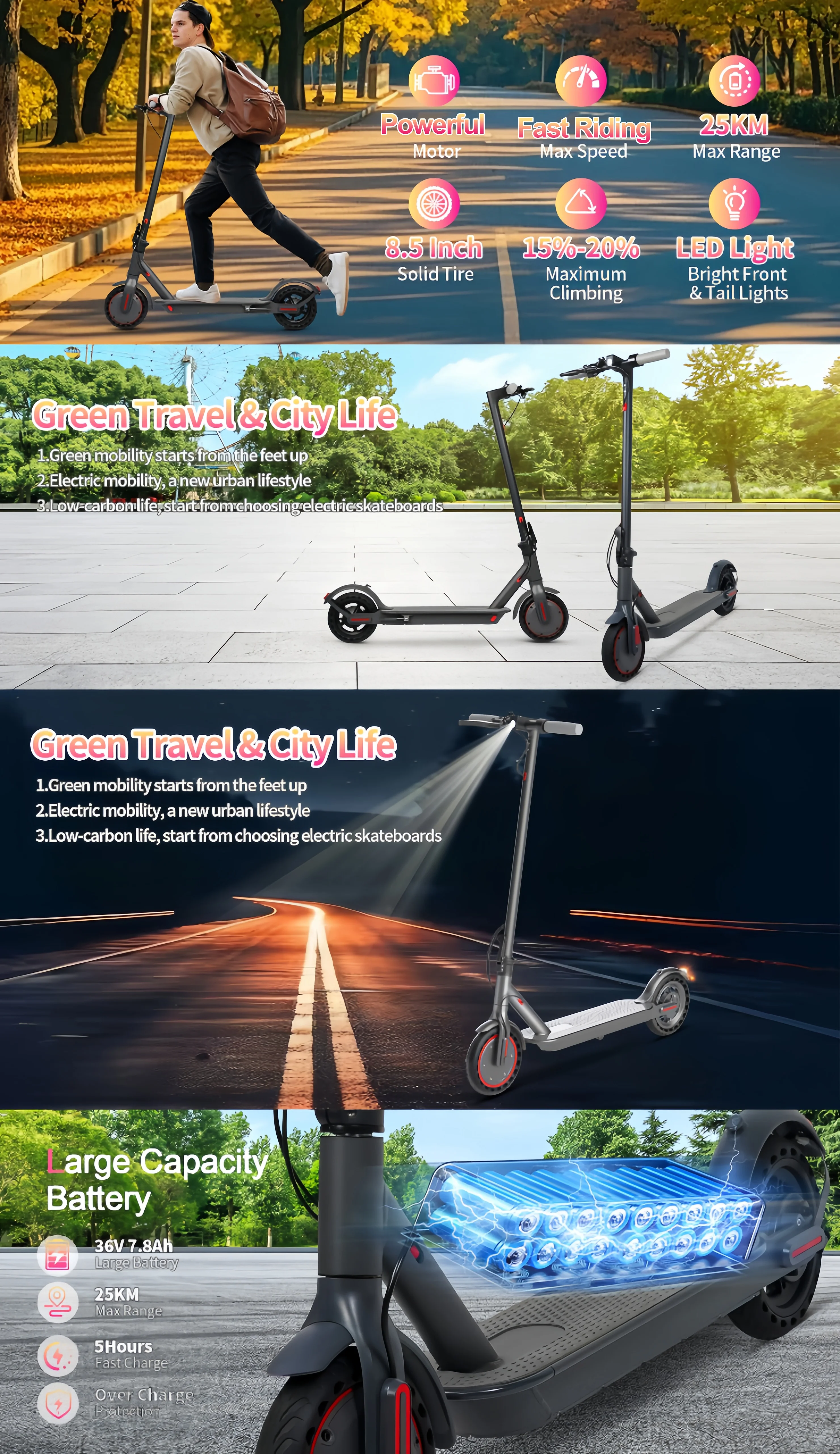 AOVOPRO Y1PLUS  Electric Scooter Powerful Motor 36V 10.5AH Large Capacity Battery 35KM Long Range 8.5Inch Tire with Smart APP Kick City Commuter EScooter