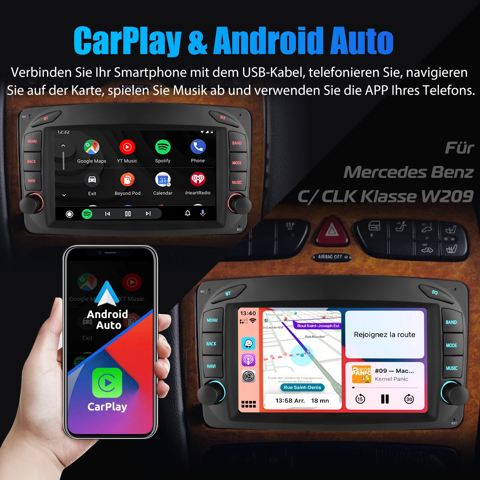 ESSGOO 2 Din Android 13 Car Stereo For Mercedes Benz C-Class W203 CLK W209 Radio Multimedia GPS Navigation Carplay