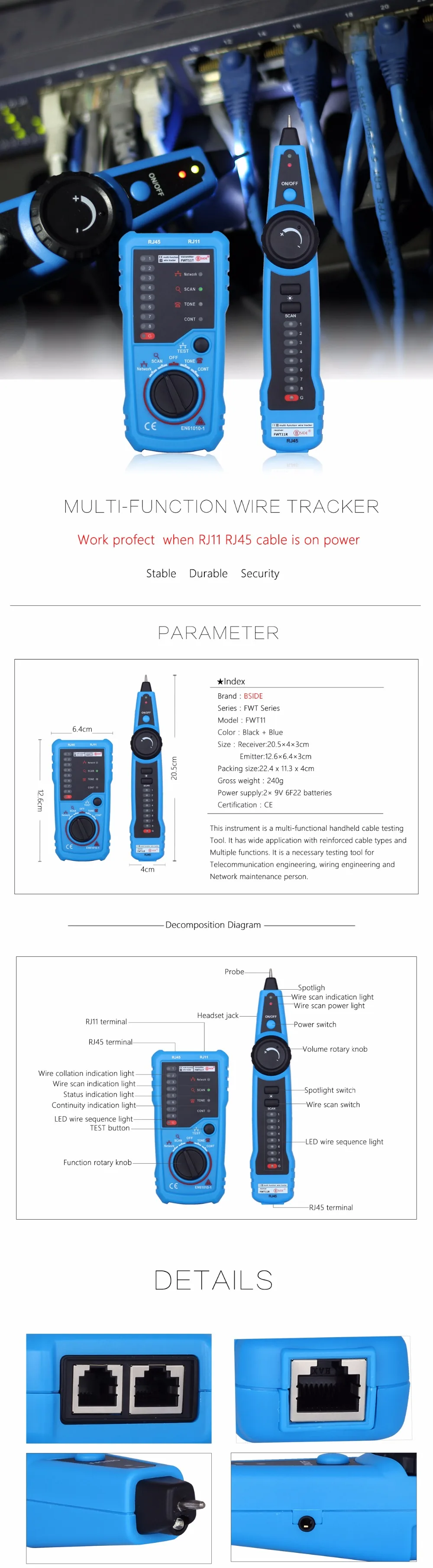 BSIDE FWT11 High Quality RJ11 RJ45 Cat5 Cat6 Telephone Wire Tracker Tracer Toner Ethernet LAN Network Cable Tester Line Finder