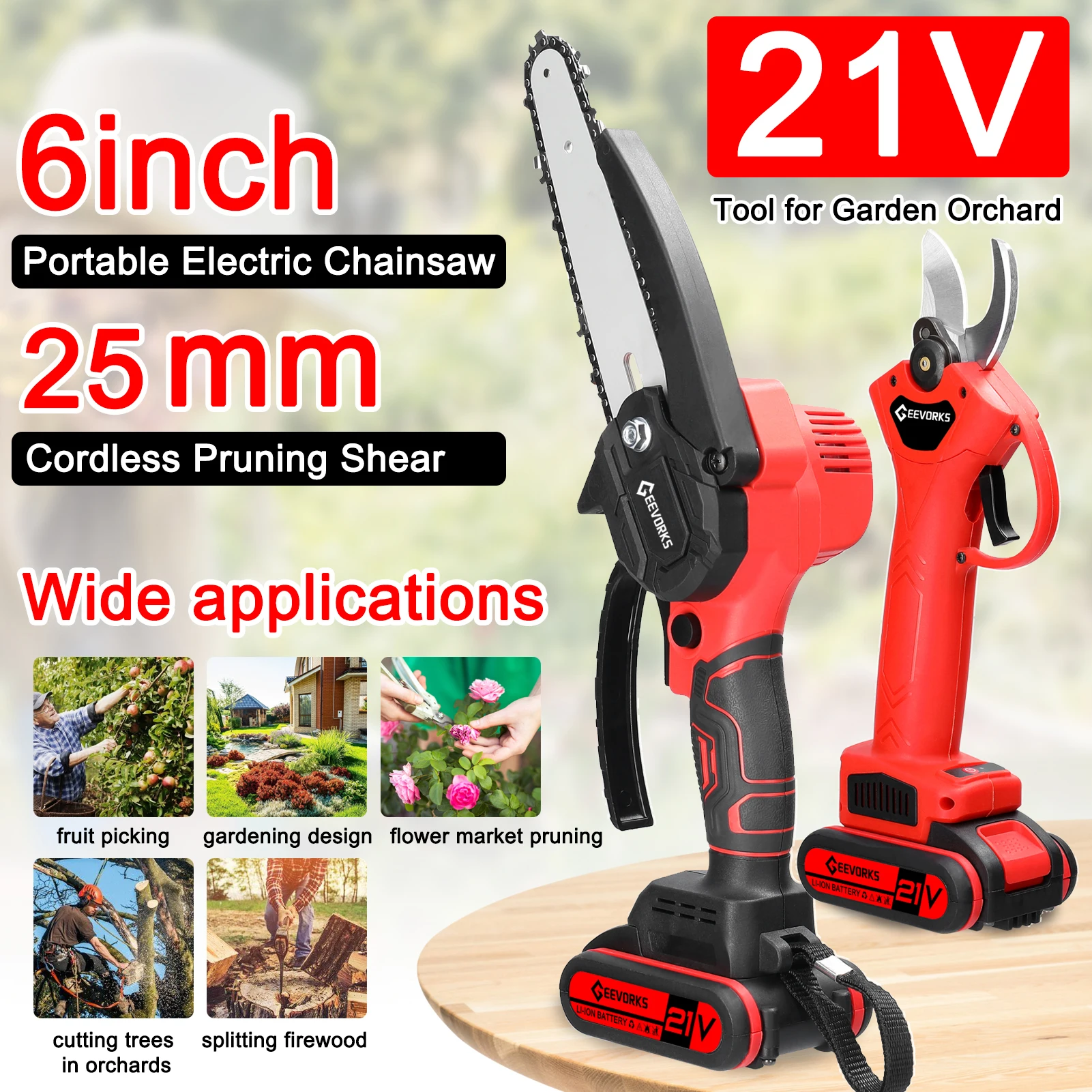 6inch 21V Electric Chainsaw and 25mm Cordless Pruning Shear Set Wood Splitting Cutting Machine Kit Handheld Woodworking Tool