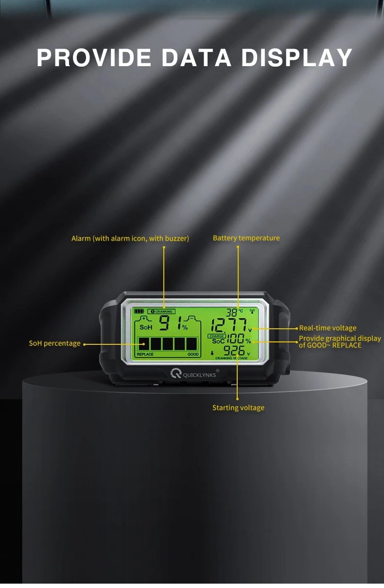QUICKLYNKS BM5-D 12V LED Battery Tester Monitor Head Up Display Waterproof Battery Health Tester Analyzer Charging Tester Tool