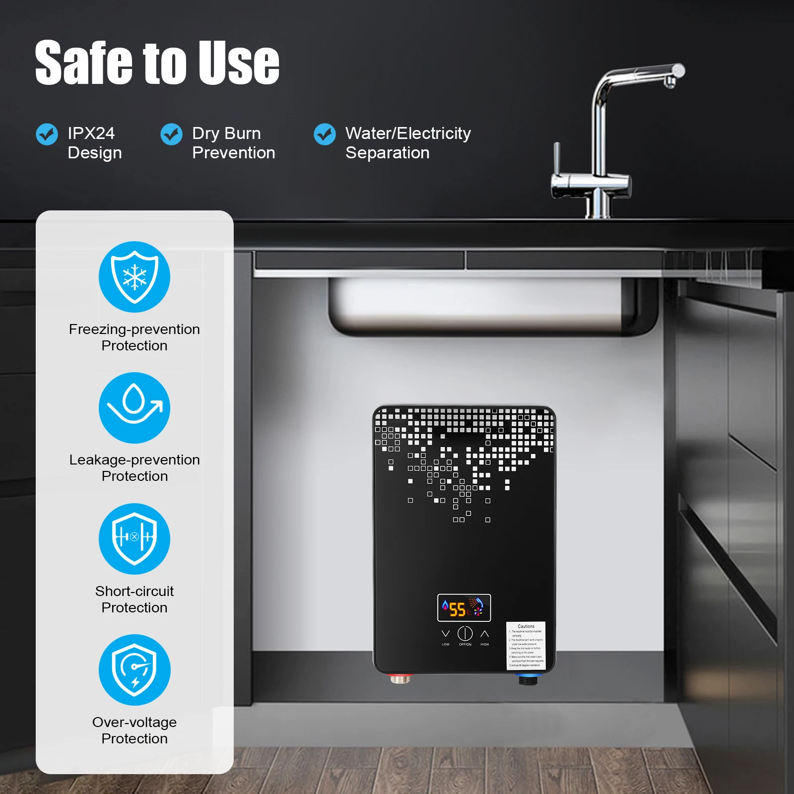 6500W 220V Electric Instant Hot Water Heater Shower Bathroom Faucets Kitchen Tap Digital Display Temperature Automatic