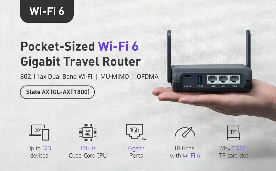 GL.iNet GL-AXT1800 (Slate AX) Travel Router, Pocket Wi-Fi 6 Wireless Internet Router, Portable VPN Routers WiFi for Travel, Public Computer Routers, Business, Moblie/RV/Cruise/Plane