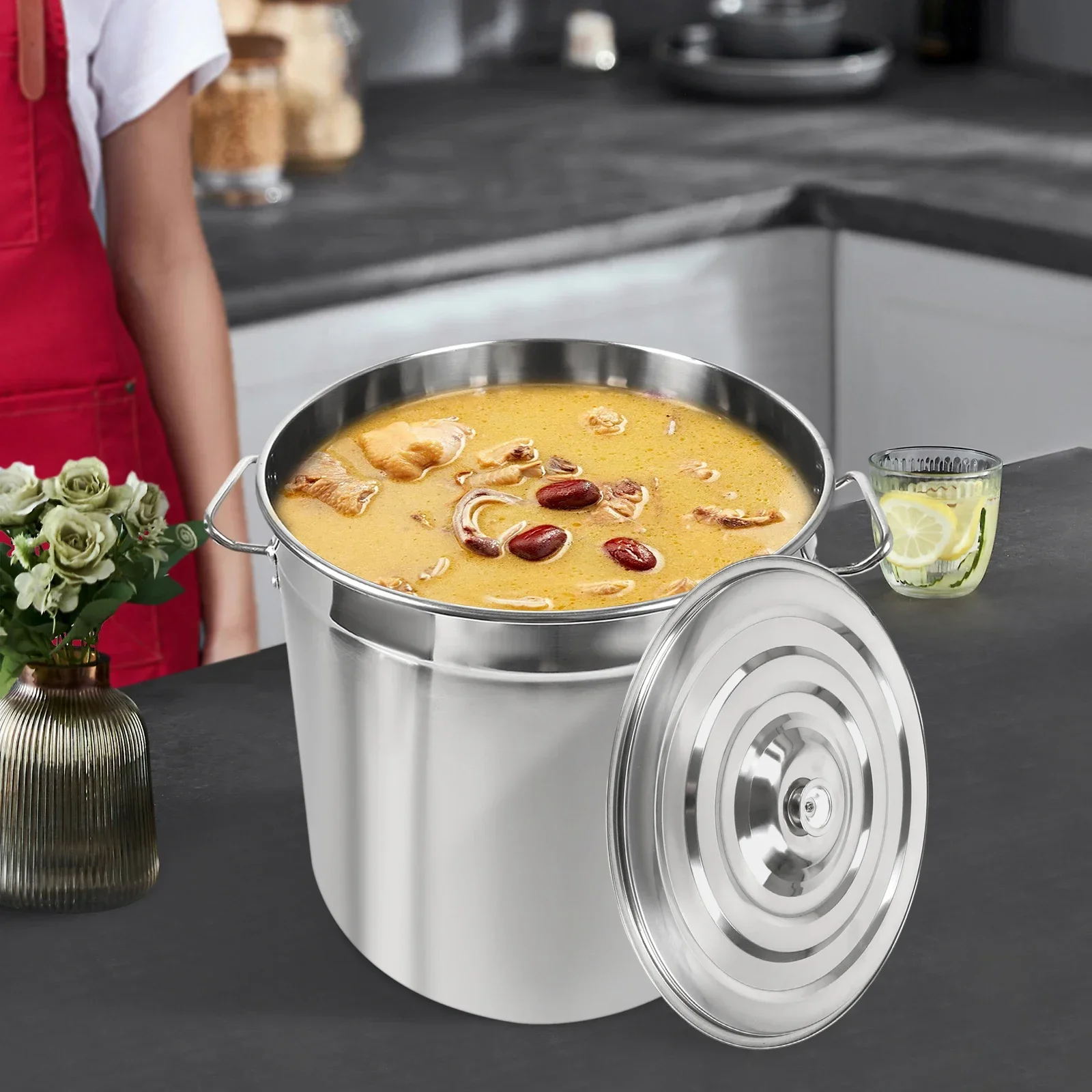Large Stainless Steel Bucket Soup Container Stockpot for Restaurant School Commercial Home Food Storage