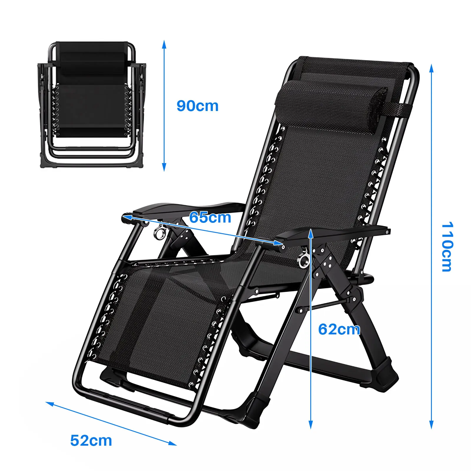 Outdoor Garden Sunloungers Folding Chair with Cup Holder and Headrest Pillow Lounge Chair Folding Patio Recliner Support 150kg