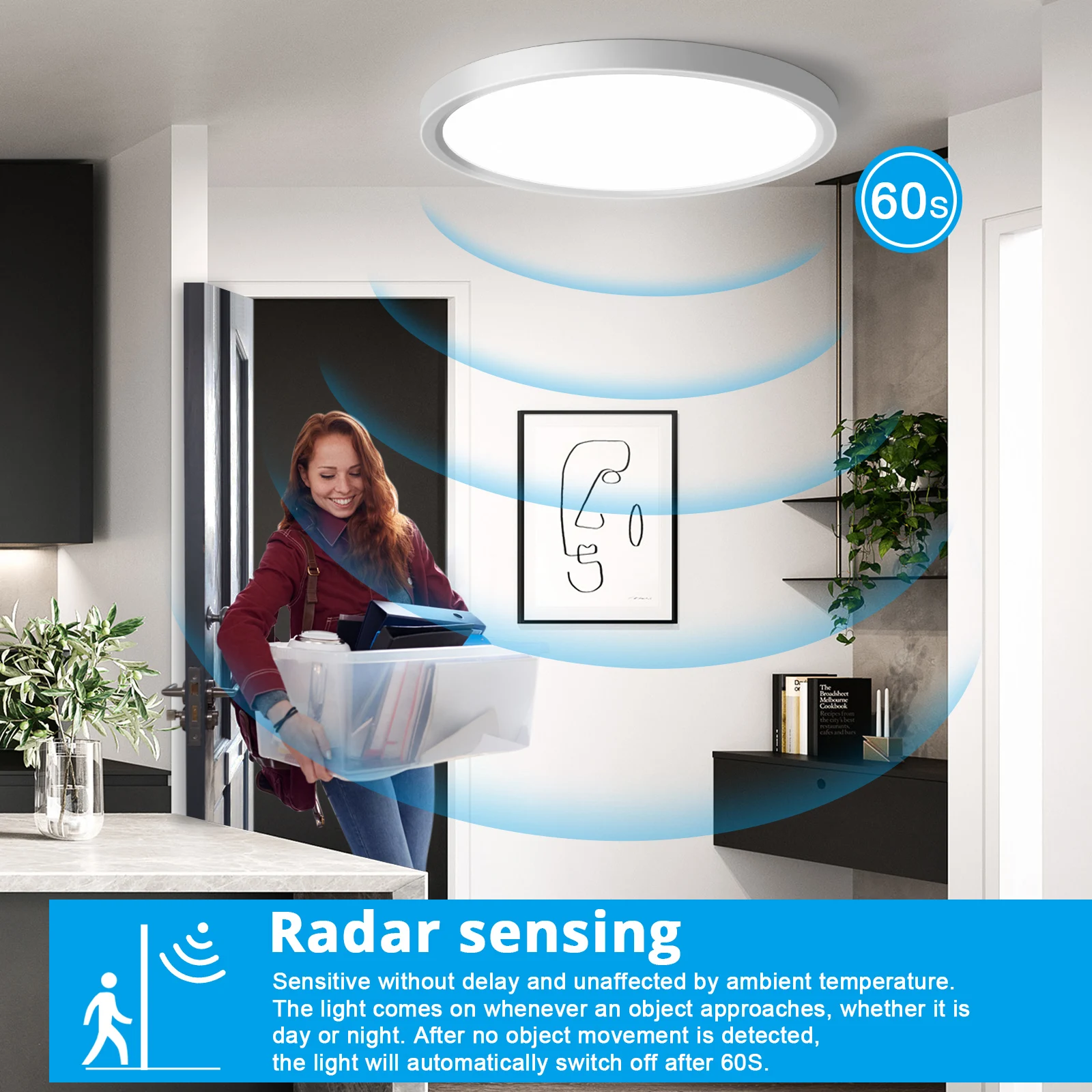 LED Ceiling Light with Motion Sensor, 24W 2400LM, 4000K, Ø30CM for Hallway, Balcony, Garage, Storage Room