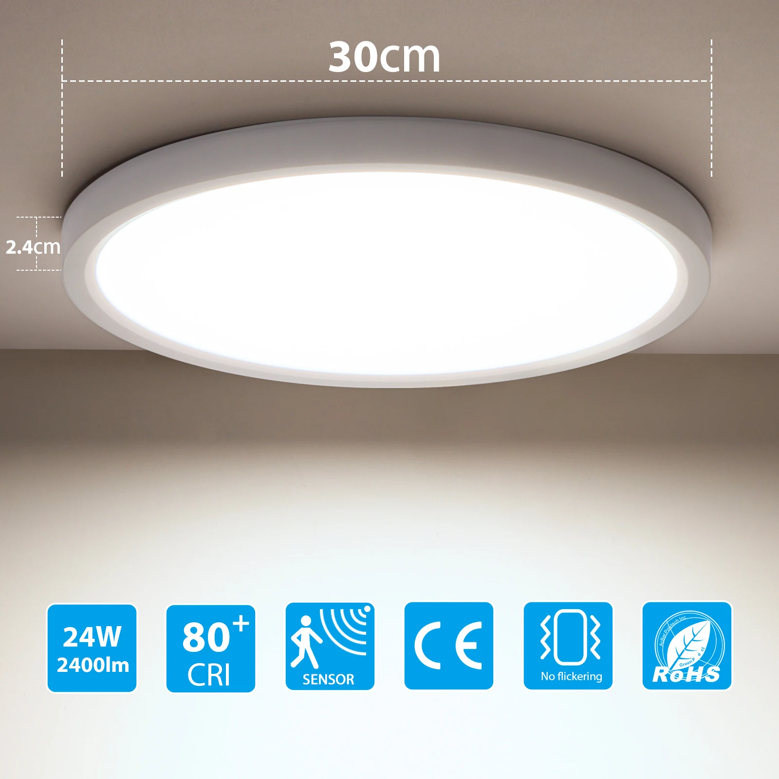 LED Ceiling Light with Motion Sensor, 24W 2400LM, 4000K, Ø30CM for Hallway, Balcony, Garage, Storage Room