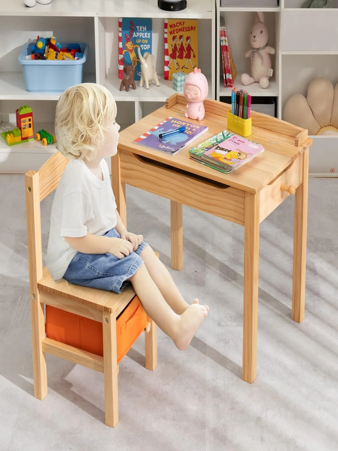 Children's Table with Chair, Children's Furniture Set Made of Solid Wood with Folding Table Top and Storage Space, Children's