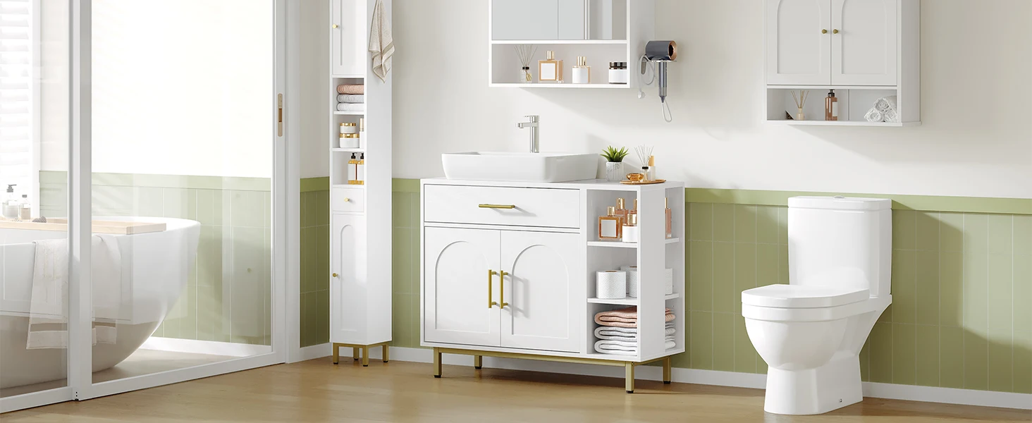 Washbasin Cabinet, Bathroom Cabinet, 1 Drawer 2 Cabinet Doors, Open Compartment with 3 Levels, Adjustable Shelf, White
