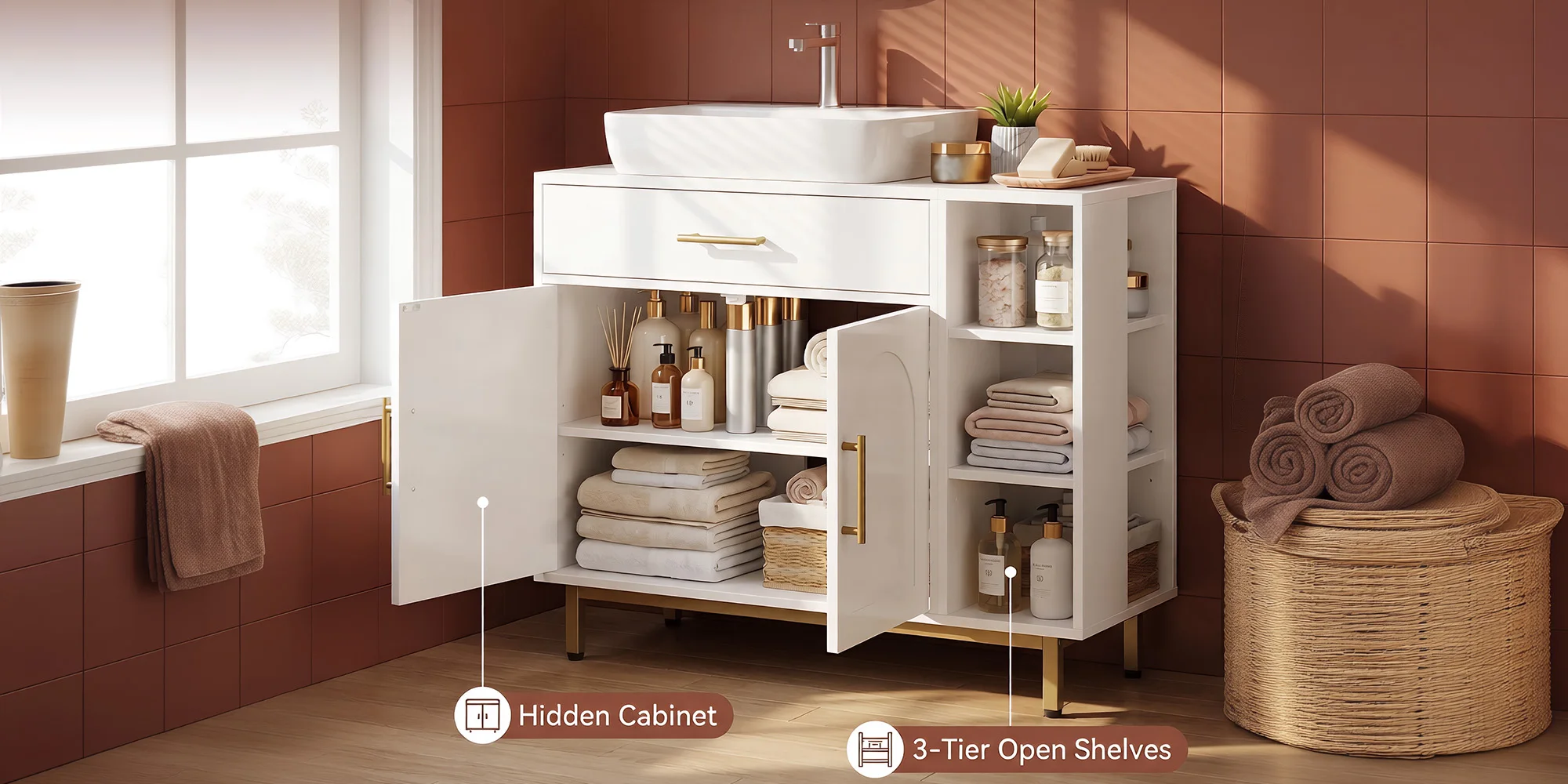 Washbasin Cabinet, Bathroom Cabinet, 1 Drawer 2 Cabinet Doors, Open Compartment with 3 Levels, Adjustable Shelf, White