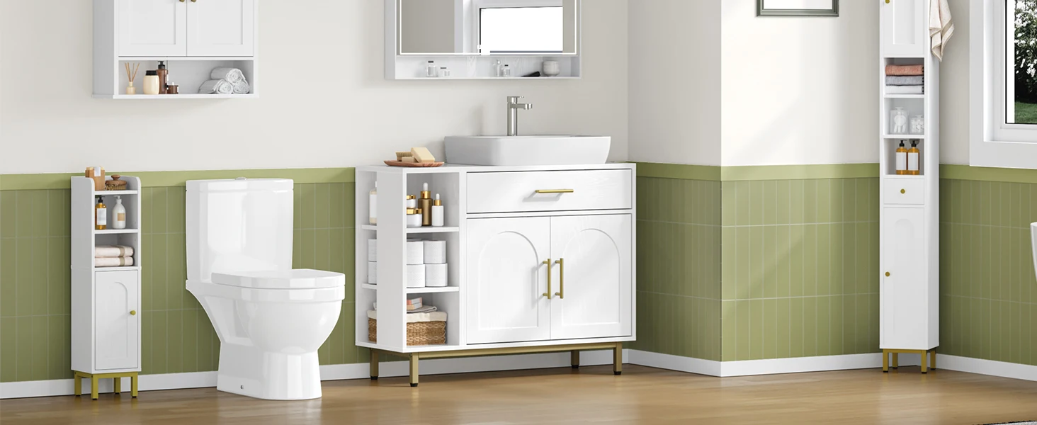 Washbasin Cabinet, Bathroom Cabinet, 1 Drawer 2 Cabinet Doors, Open Compartment with 3 Levels, Adjustable Shelf, White