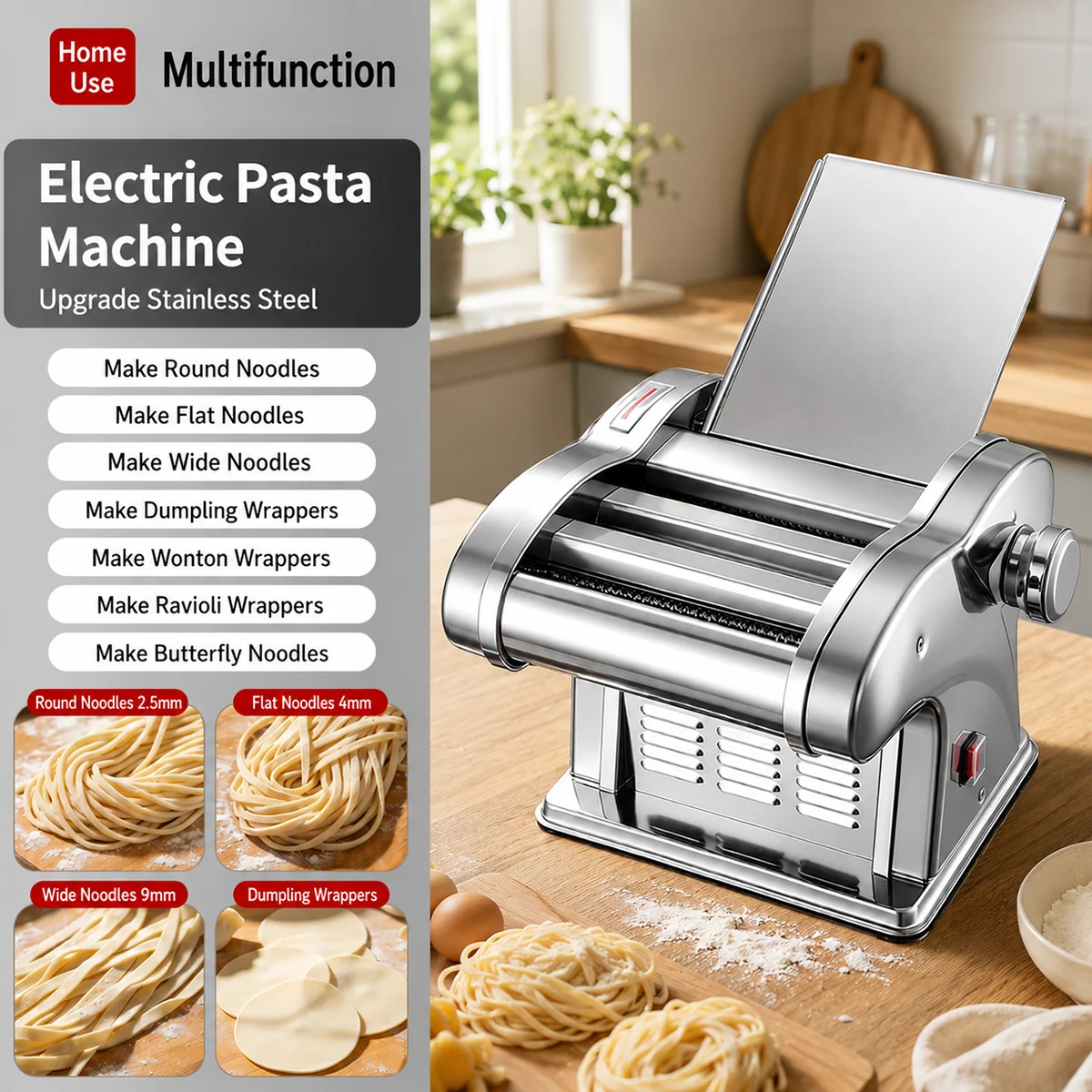 Electric Pasta Maker Machine Stainless Steel Household Dough Roller Noodle Press with 3 Cutting Rollers and 6 Thickness Settings for Dumpling Wrapper Fresh Noodles