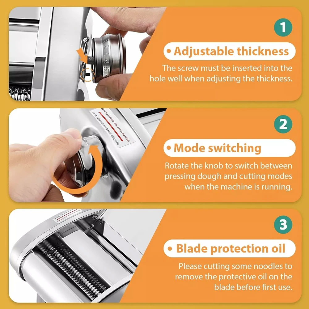Electric Pasta Maker Machine Stainless Steel Household Dough Roller Noodle Press with 3 Cutting Rollers and 6 Thickness Settings for Dumpling Wrapper Fresh Noodles