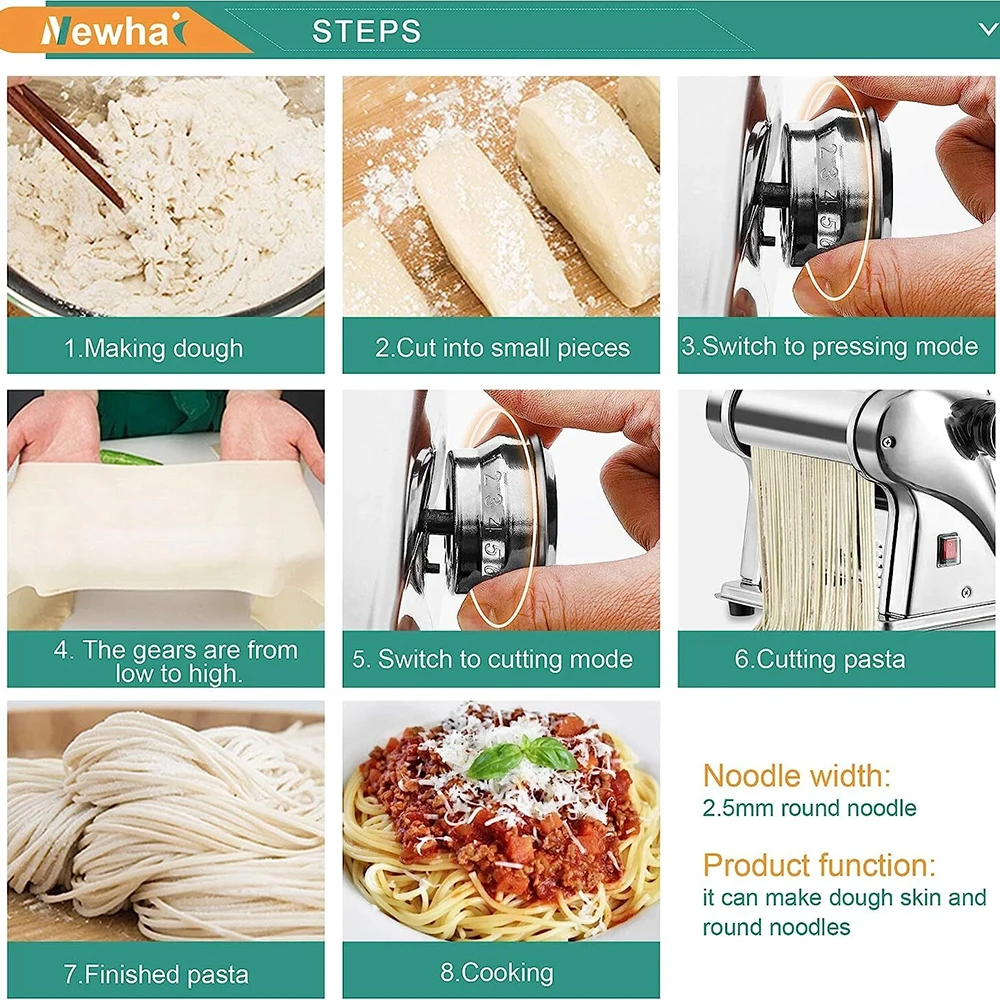 Electric Pasta Maker Machine Stainless Steel Household Dough Roller Noodle Press with 3 Cutting Rollers and 6 Thickness Settings for Dumpling Wrapper Fresh Noodles
