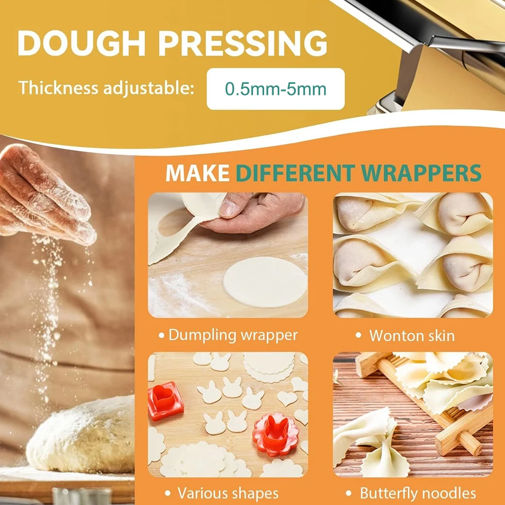 Electric Pasta Maker Machine Stainless Steel Household Dough Roller Noodle Press with 3 Cutting Rollers and 6 Thickness Settings for Dumpling Wrapper Fresh Noodles