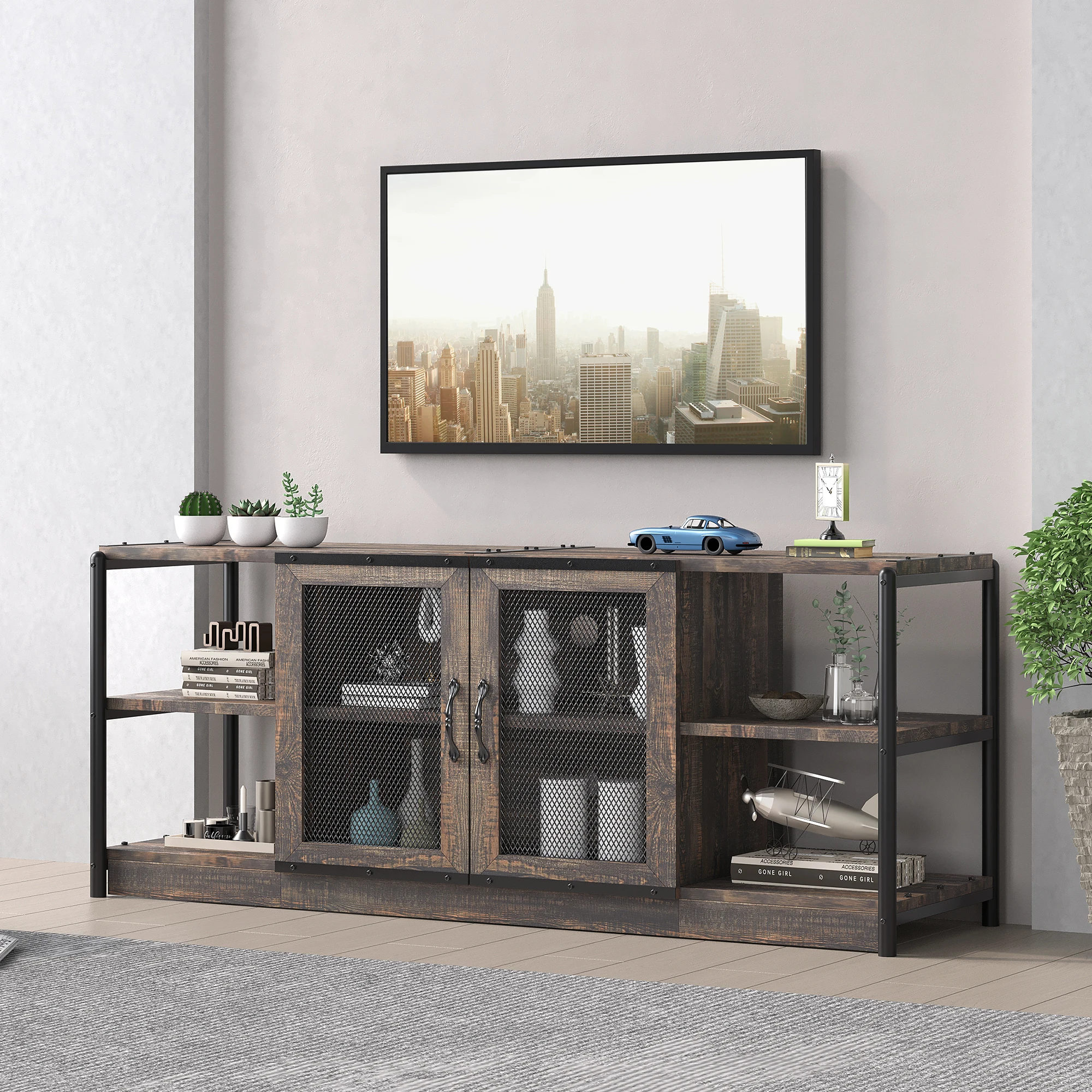 TV Stand for 65+ Inch, Farmhouse TV Stand, Entertainment Center with Storage Cabinet and Mesh Doors Console Cabinet