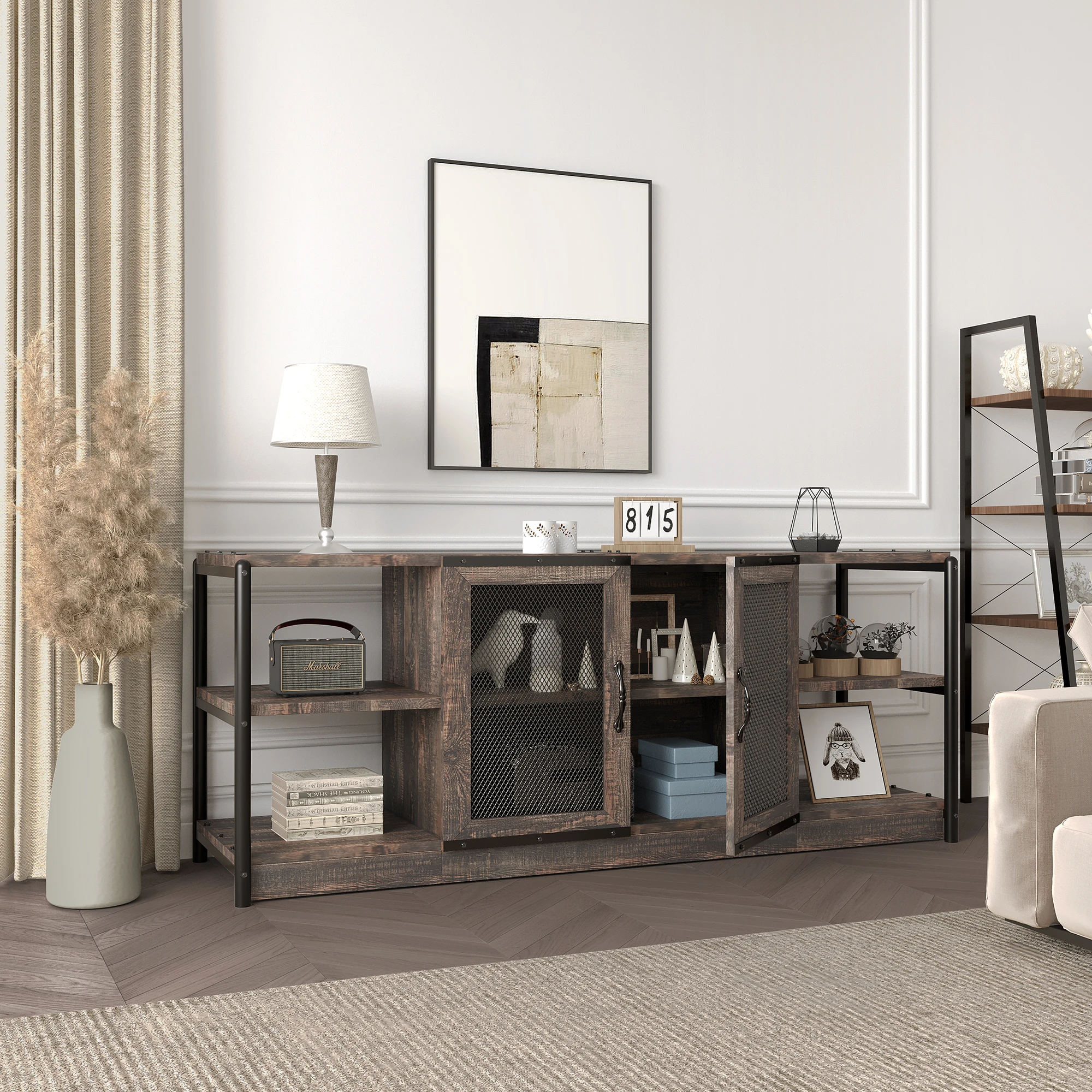 TV Stand for 65+ Inch, Farmhouse TV Stand, Entertainment Center with Storage Cabinet and Mesh Doors Console Cabinet