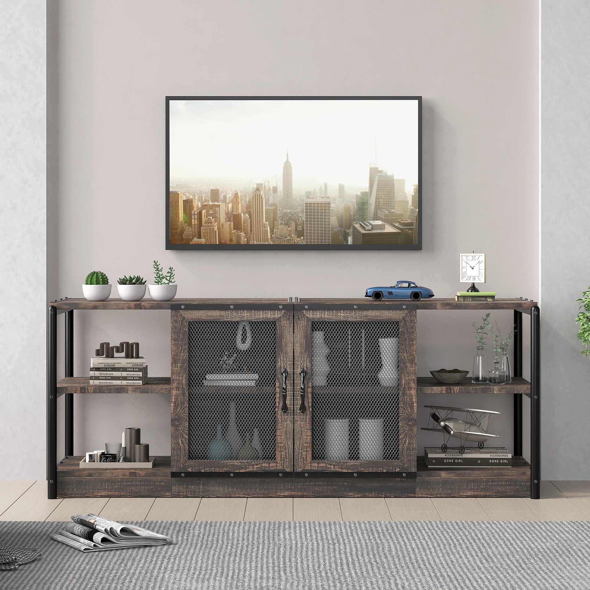 TV Stand for 65+ Inch, Farmhouse TV Stand, Entertainment Center with Storage Cabinet and Mesh Doors Console Cabinet