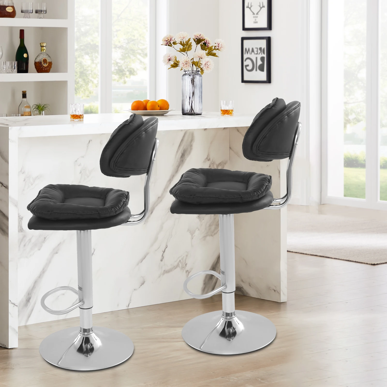 Adjustable Bar Stool Set 2-Piece 360° Swivel, 62-82cm Height Range, 150kg Capacity, Black Rotatable Chair