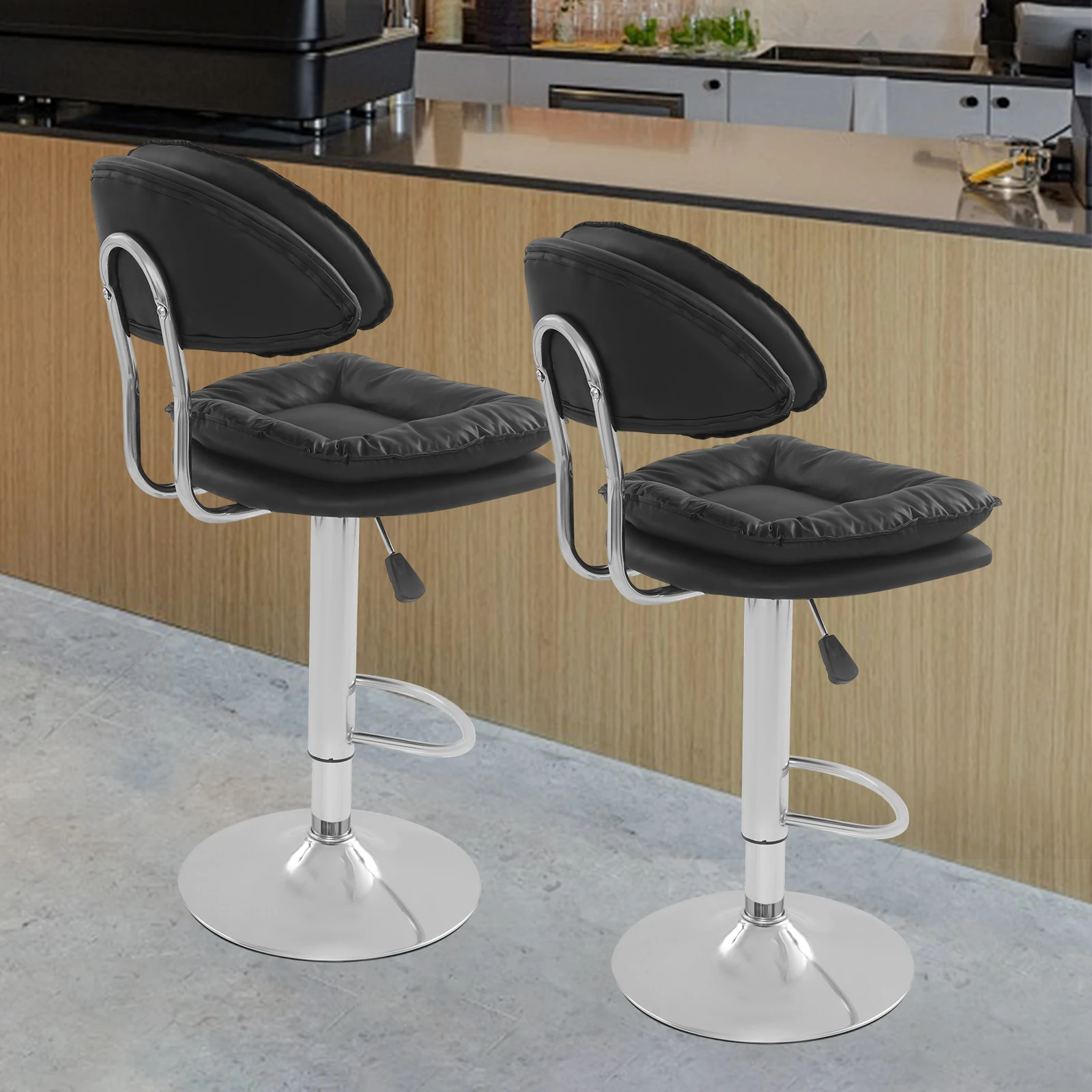 Adjustable Bar Stool Set 2-Piece 360° Swivel, 62-82cm Height Range, 150kg Capacity, Black Rotatable Chair