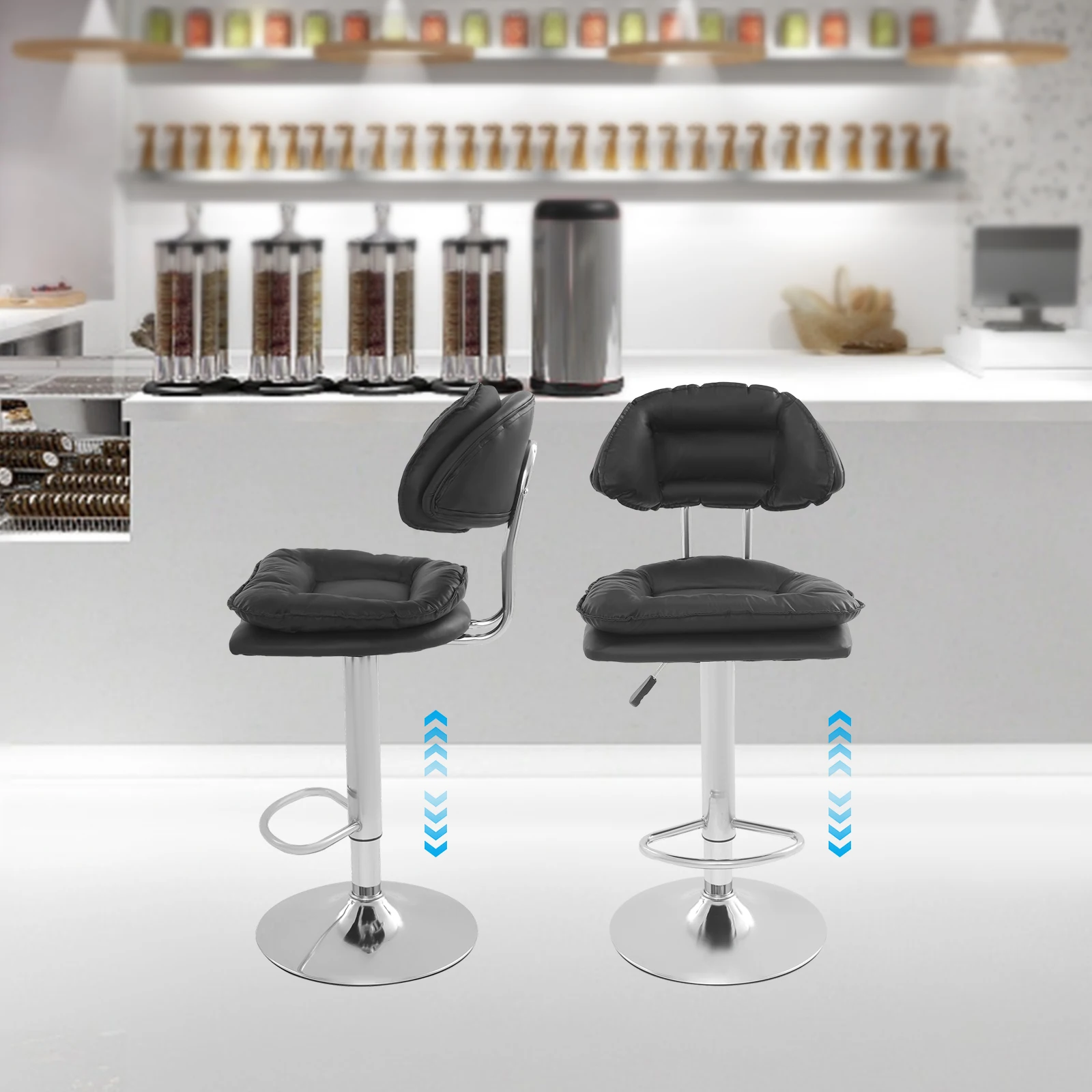 Adjustable Bar Stool Set 2-Piece 360° Swivel, 62-82cm Height Range, 150kg Capacity, Black Rotatable Chair