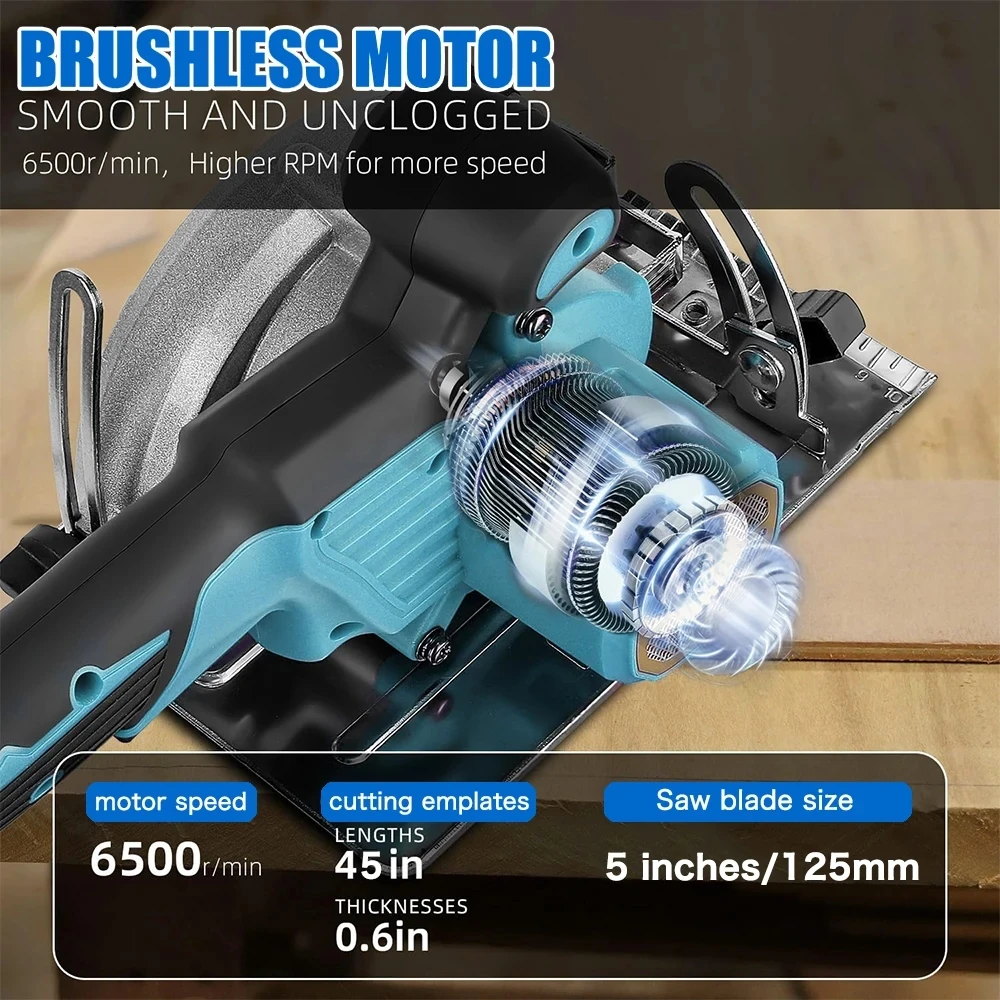 6500R/MIN 5-Inch 125MM Cordless Blue Circular Saw Brushless Motor Multi Angle Cutting Suitable For 18V Battery Power Tools