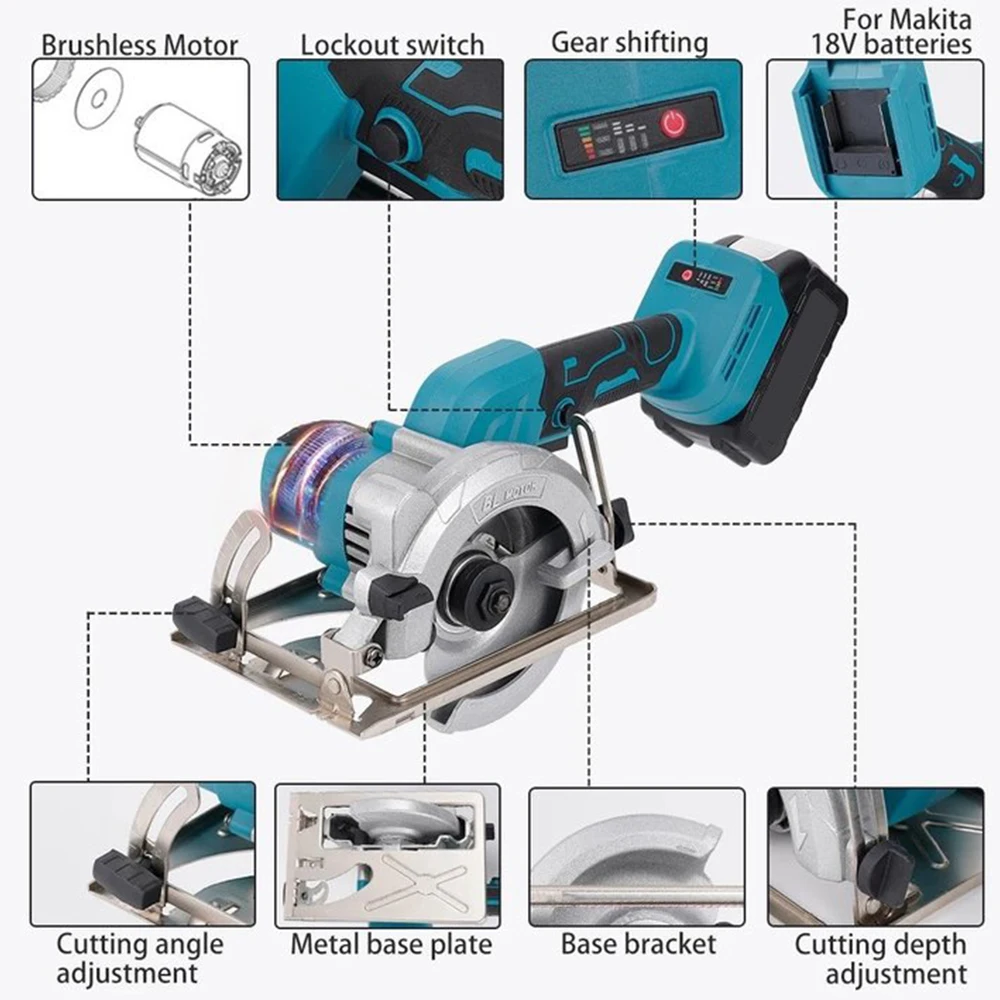 6500R/MIN 5-Inch 125MM Cordless Blue Circular Saw Brushless Motor Multi Angle Cutting Suitable For 18V Battery Power Tools
