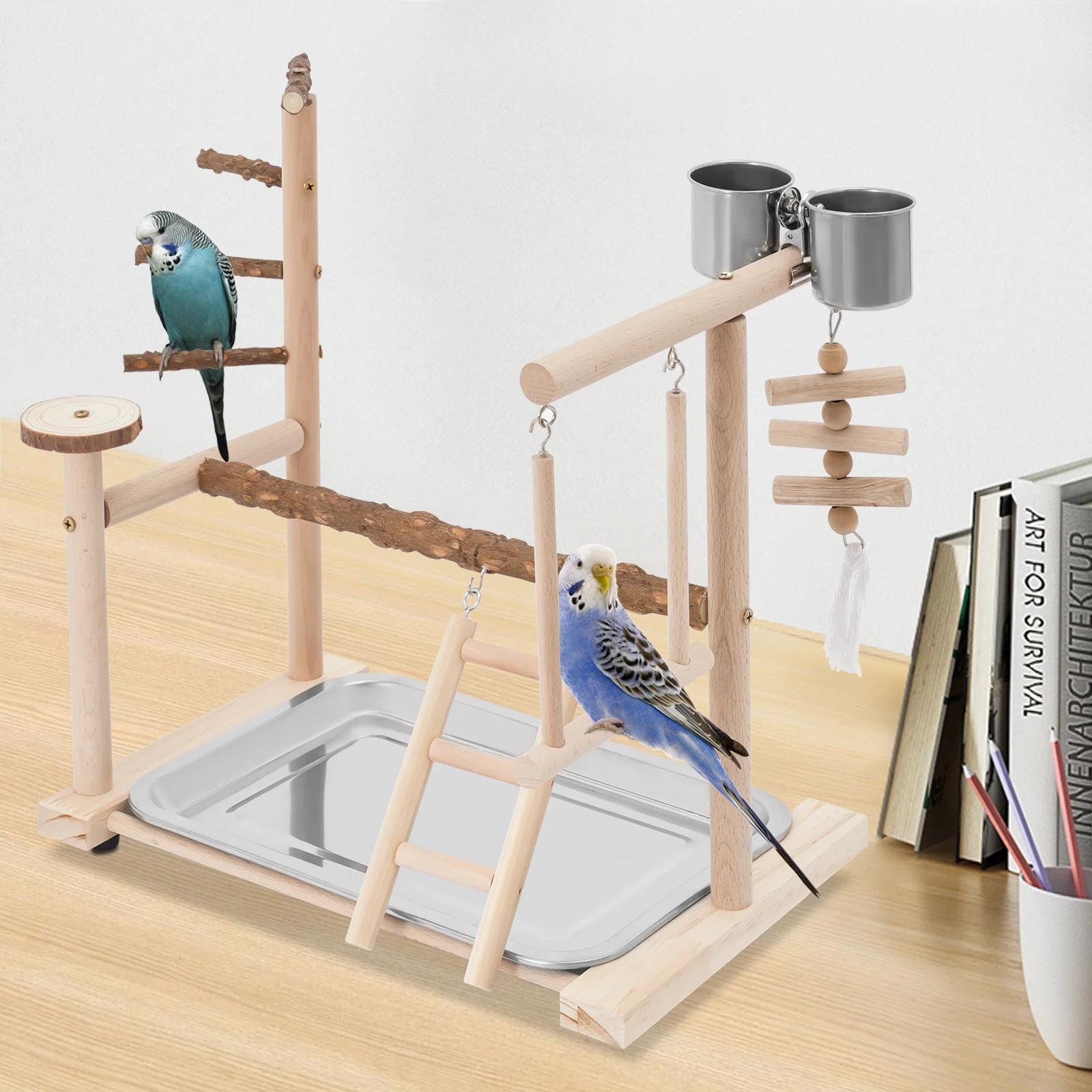 Parrot Bird Play Stand, Wooden Bird Playing Stand, Bird Playground with Ladder and Swing