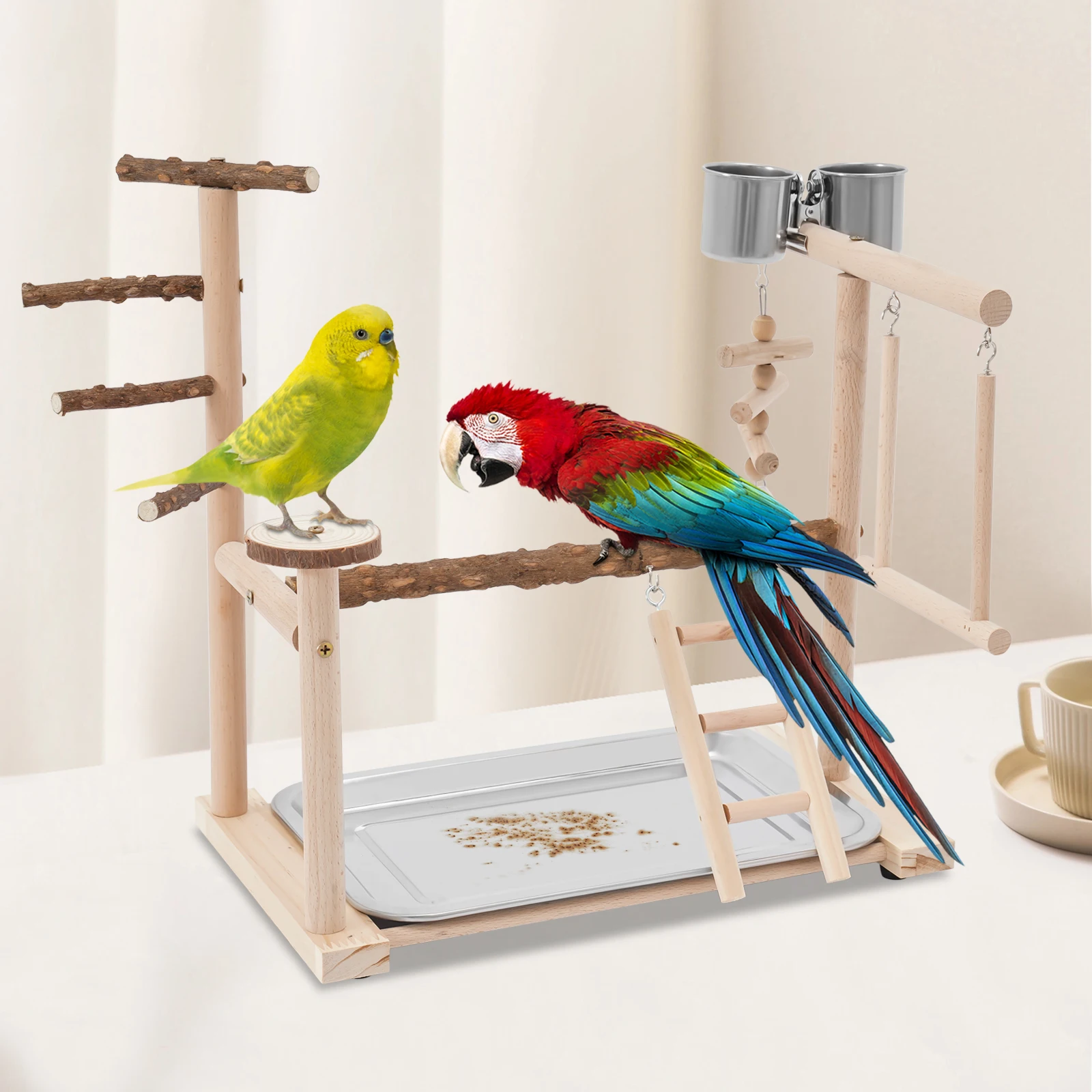 Parrot Bird Play Stand, Wooden Bird Playing Stand, Bird Playground with Ladder and Swing