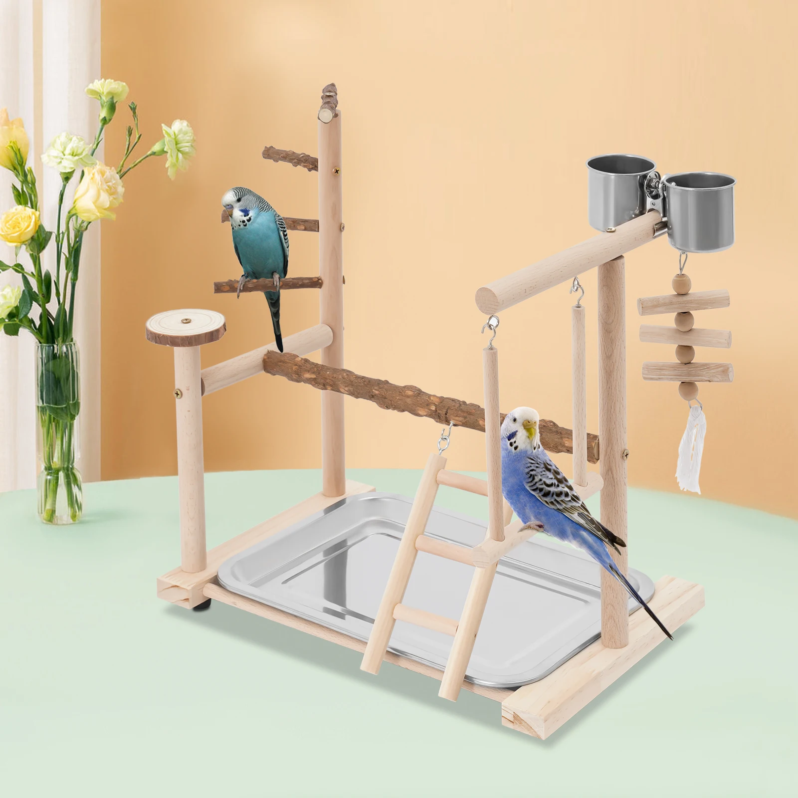 Parrot Bird Play Stand, Wooden Bird Playing Stand, Bird Playground with Ladder and Swing