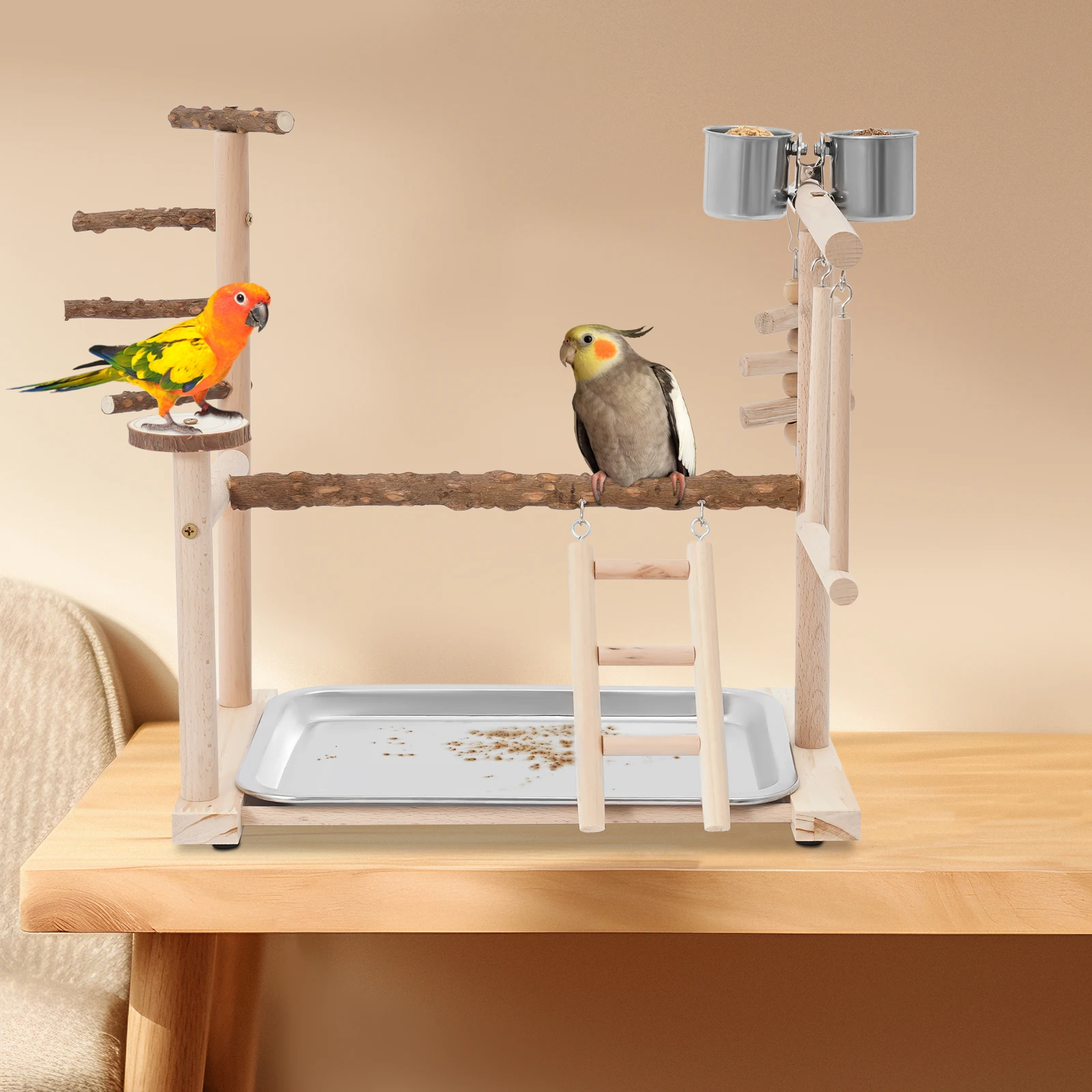 Parrot Bird Play Stand, Wooden Bird Playing Stand, Bird Playground with Ladder and Swing