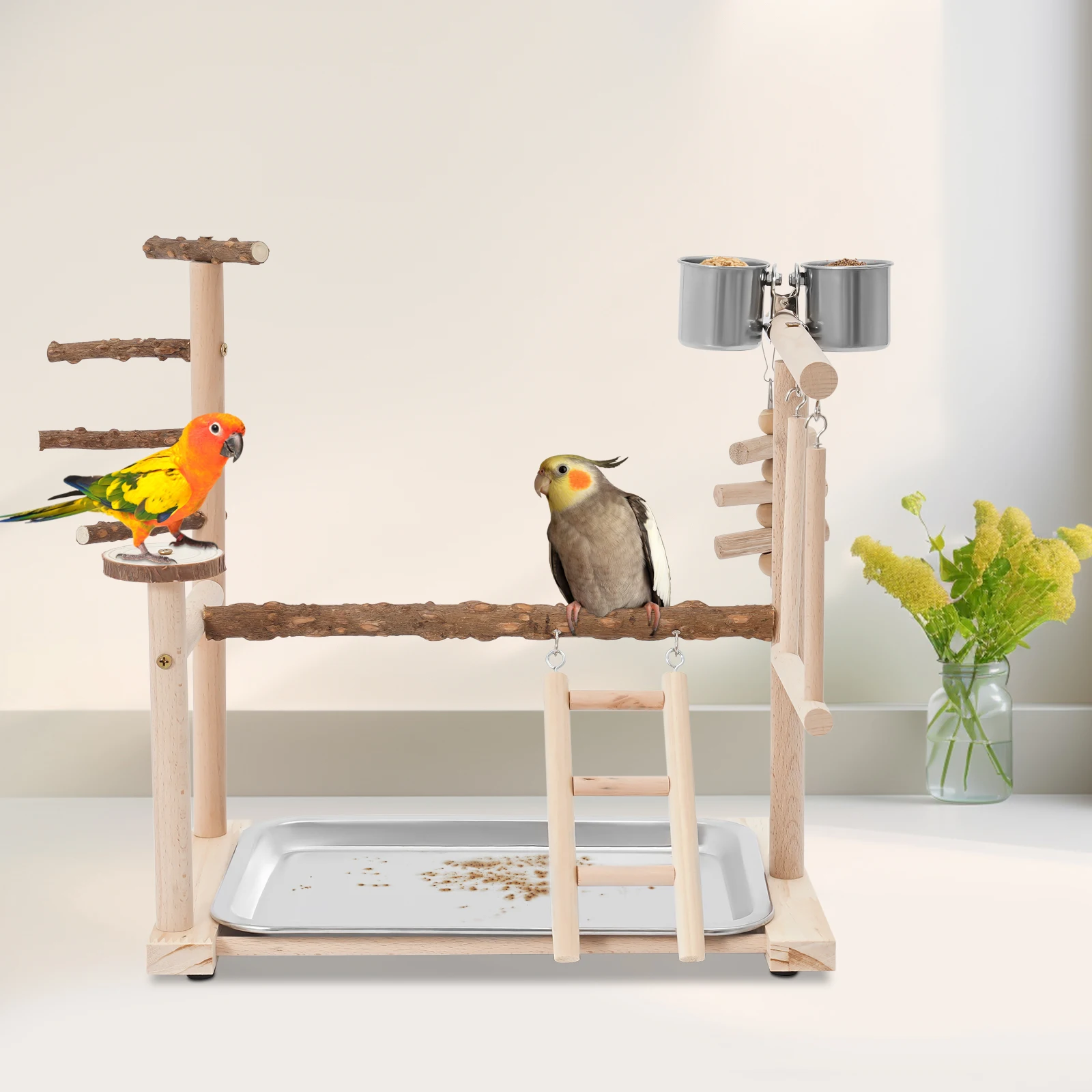 Parrot Bird Play Stand, Wooden Bird Playing Stand, Bird Playground with Ladder and Swing