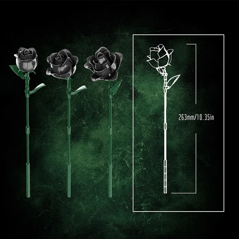 12PC Black Rose Building Blocks Plant Bouquet Simulated Roses Flowers Gothic Decoration Home Display Holiday Gifts Kids Toys