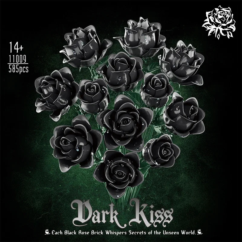 12PC Black Rose Building Blocks Plant Bouquet Simulated Roses Flowers Gothic Decoration Home Display Holiday Gifts Kids Toys