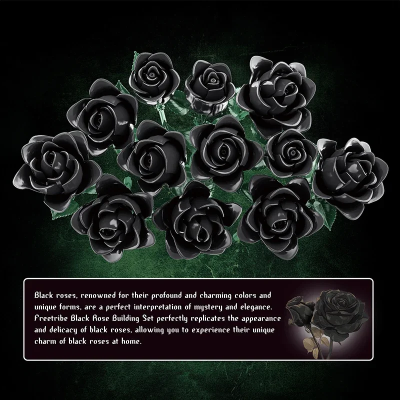 12PC Black Rose Building Blocks Plant Bouquet Simulated Roses Flowers Gothic Decoration Home Display Holiday Gifts Kids Toys